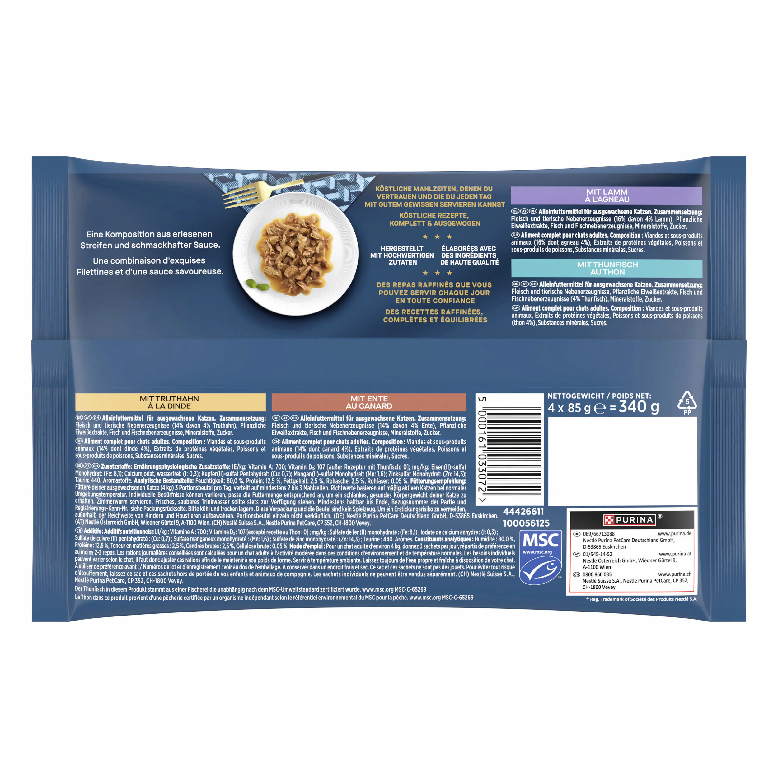 Gourmet Perle Erlesene Streifen mit Truthahn Thunfisch Ente Lamm 4x 85g