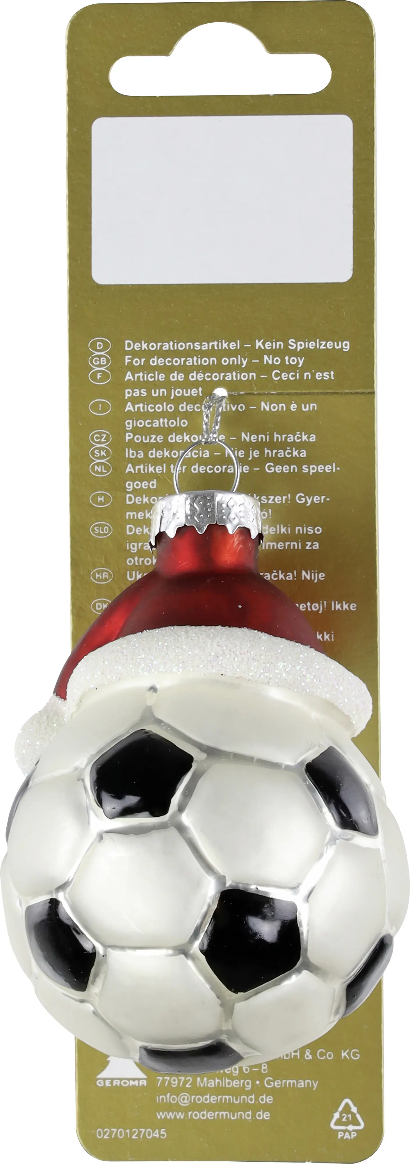Weihnachtsanhänger Fußball aus Glas 8 cm weiß/schwarz