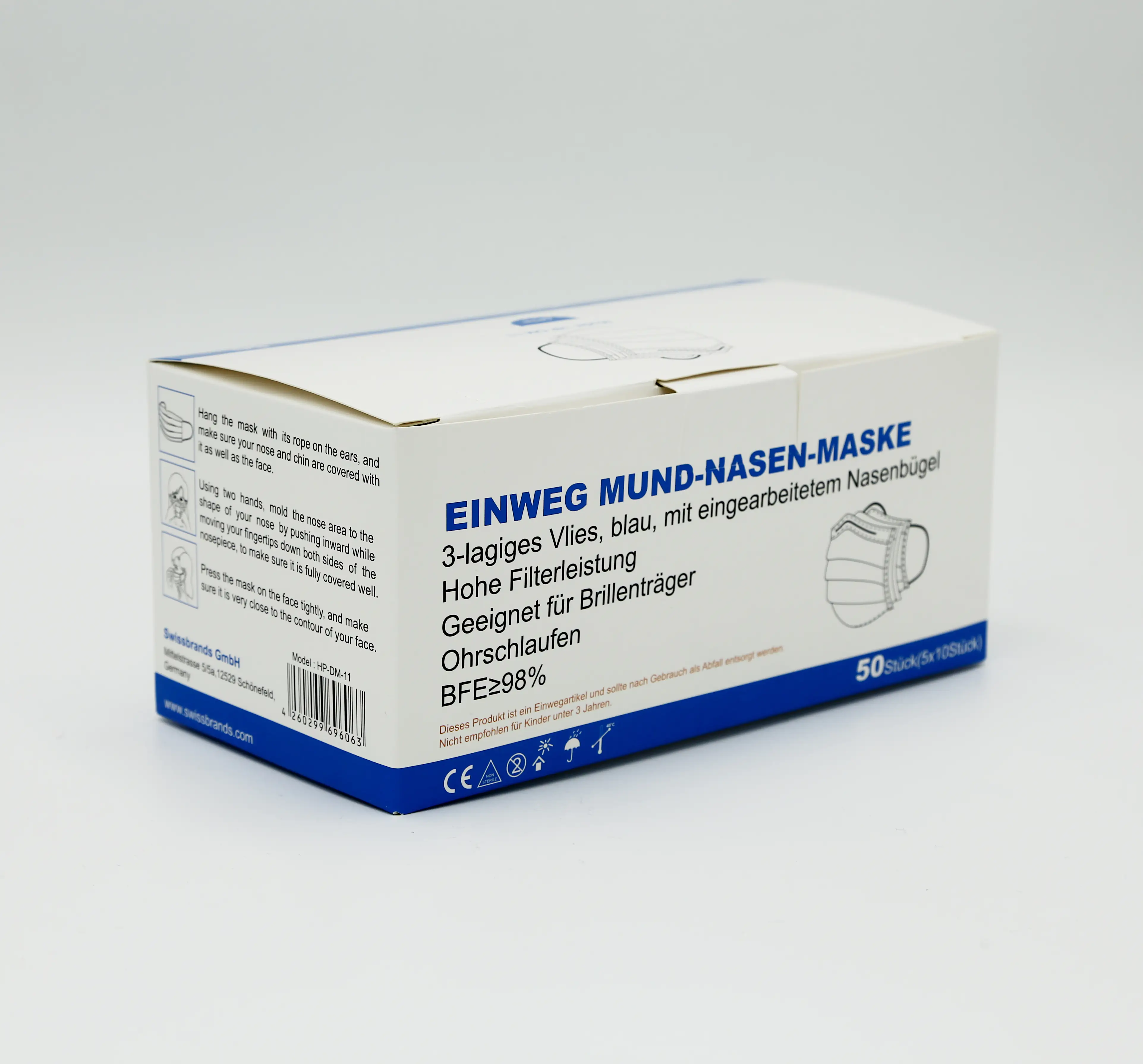 Gebol Mund-Nasenmaske Mundschutz blau 50 Stück Hygienemaske