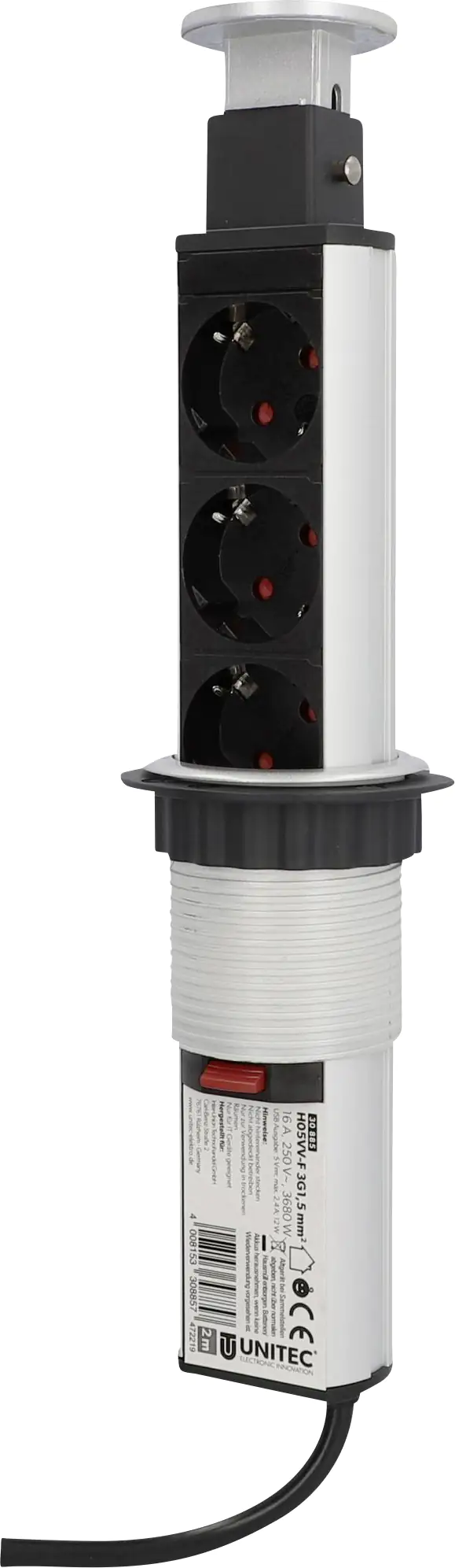 4008153308857 Unitec Einbausteckdosenleiste 3-fach 2m mit 2 x USB Tower, silber