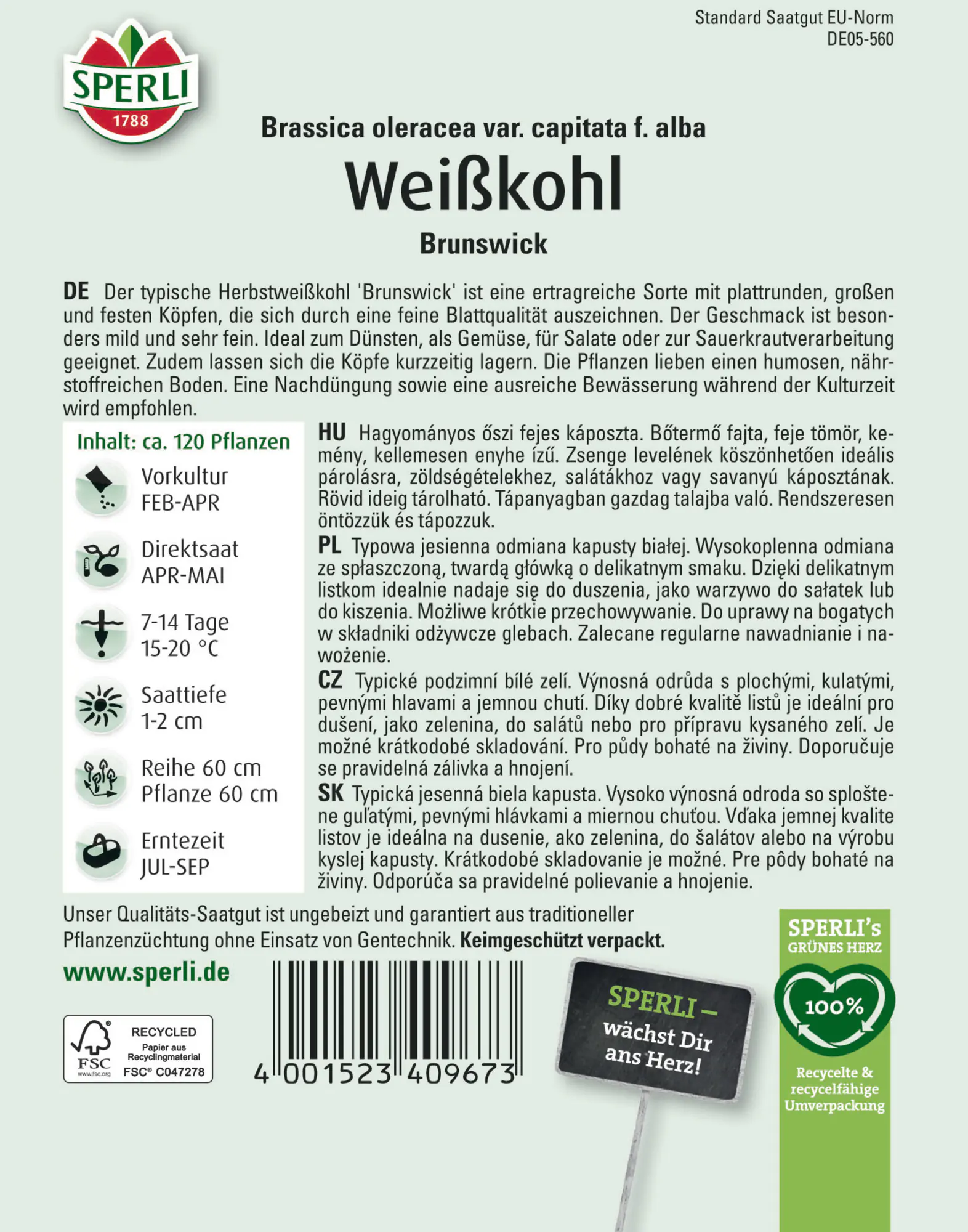 Sperli Saatgut Weißkohl Brunswick für ca. 120 Pflanzen