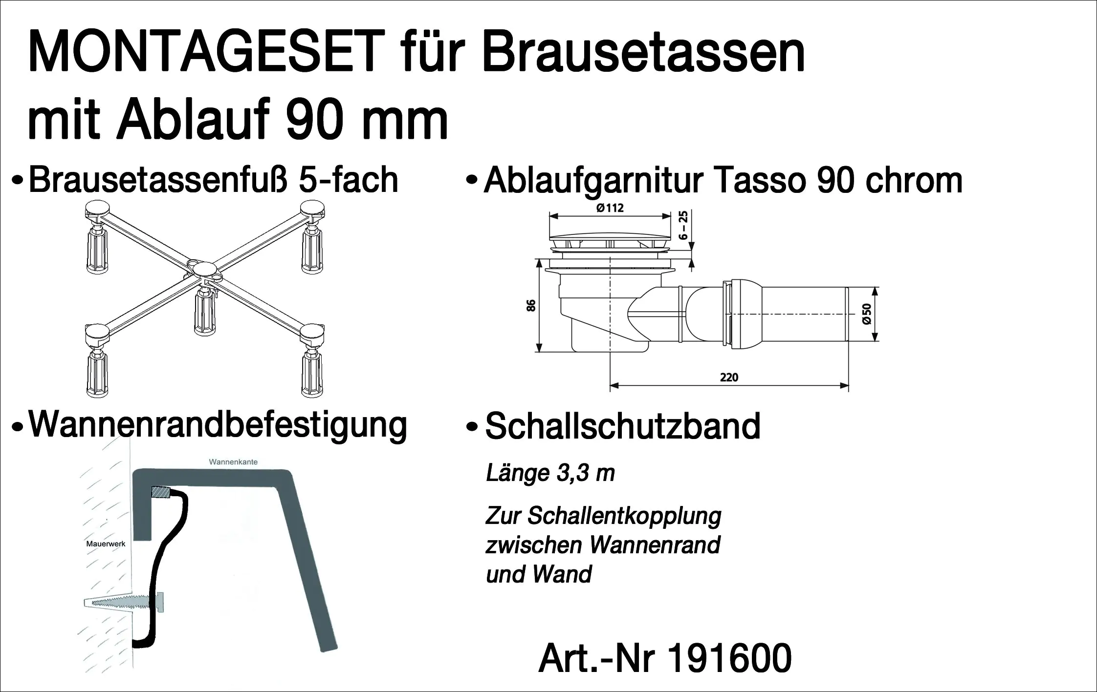 Ottofond Montage-Set für flache Duschwannen, Ablauf 90 mm