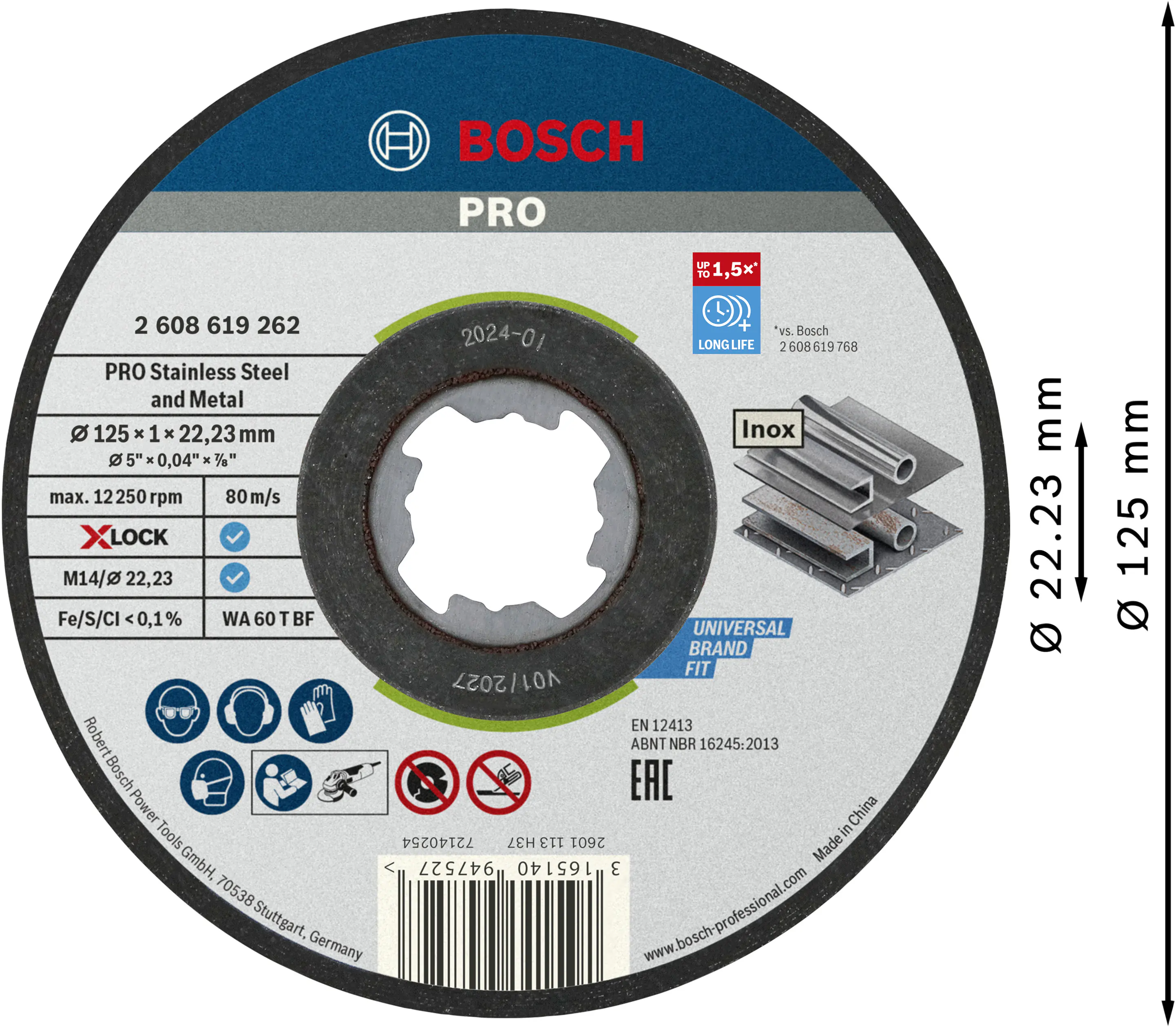 Bosch PRO X-Lock Trennscheibe Stainless Steel and Metal 125 x 22,23 x 1 mm gerade 10-teilig