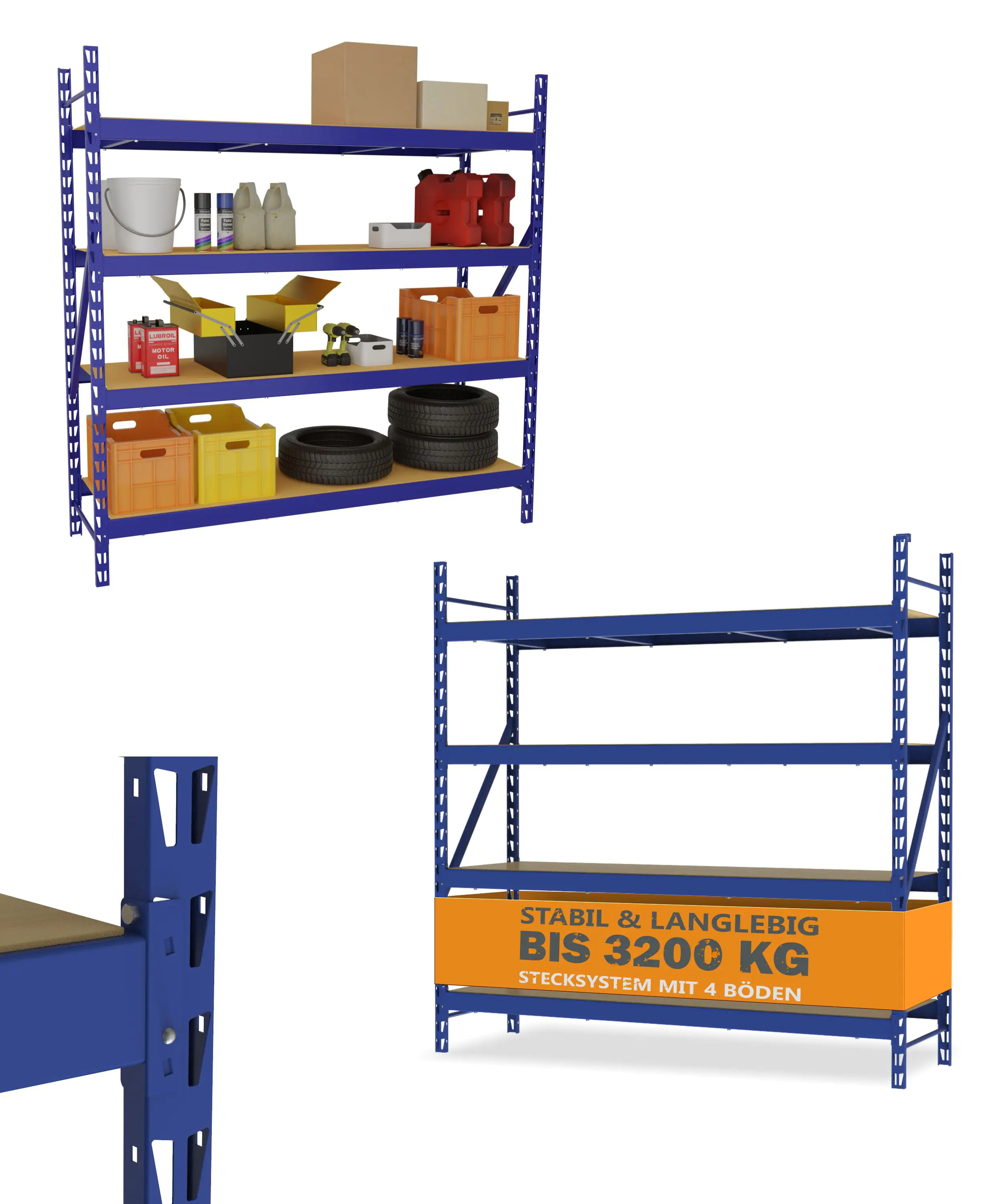 Primaster Metallsteckregal 200 x 200 x 60 cm 4 Holzböden 3200 kg