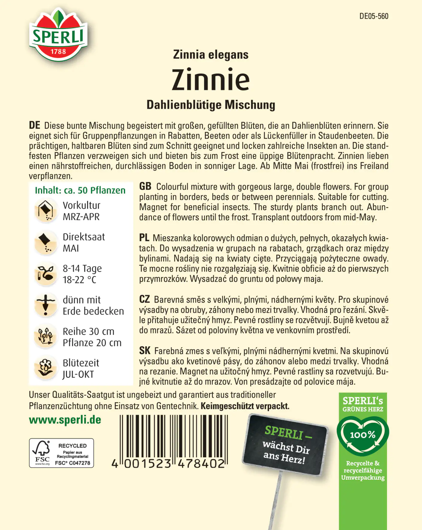 Sperli Zinnie Dahlienblütige Mischung