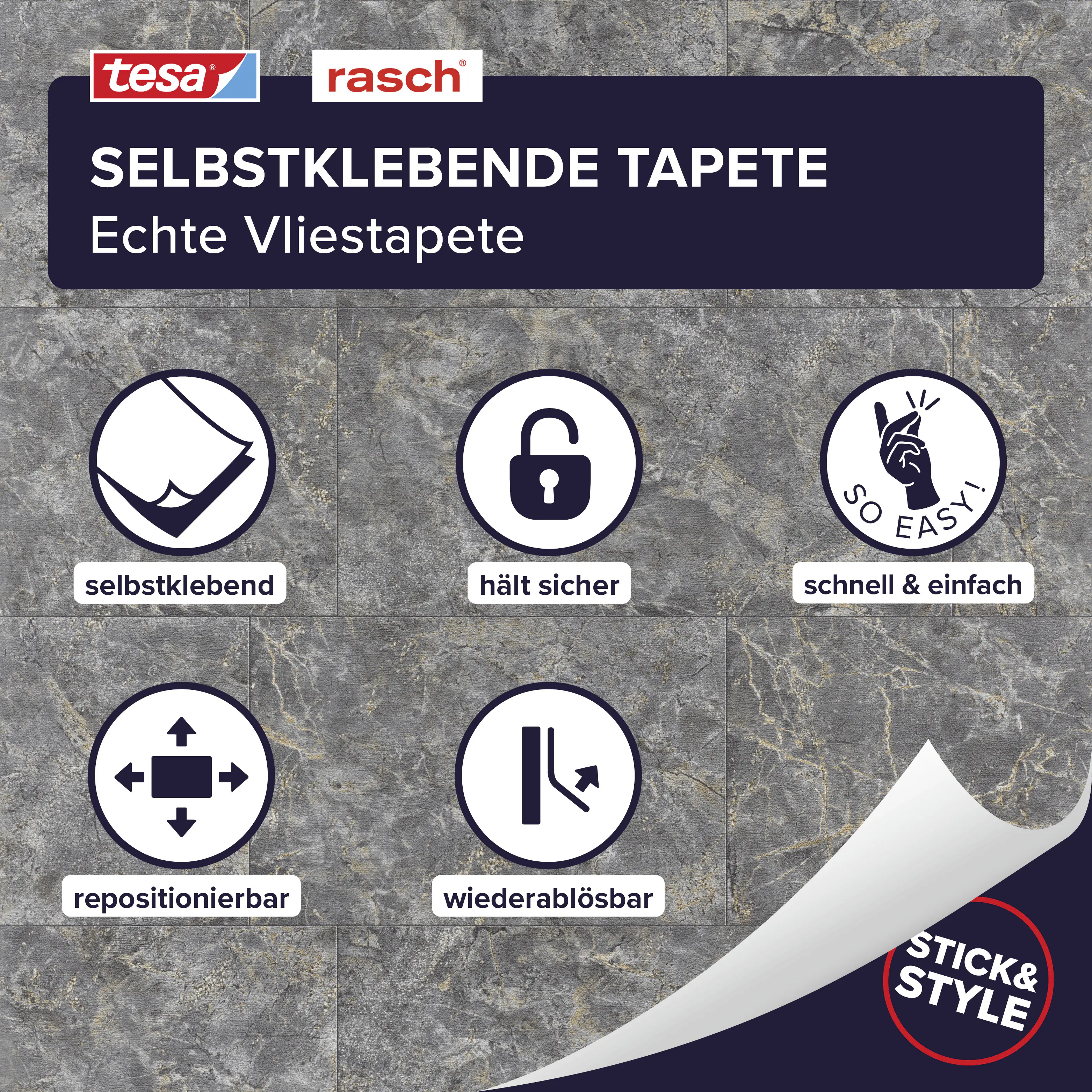 Tesa x Rasch selbstklebende Tapete Luxora Marmor Beton dunkelgrau gold 6 x 0,53 m