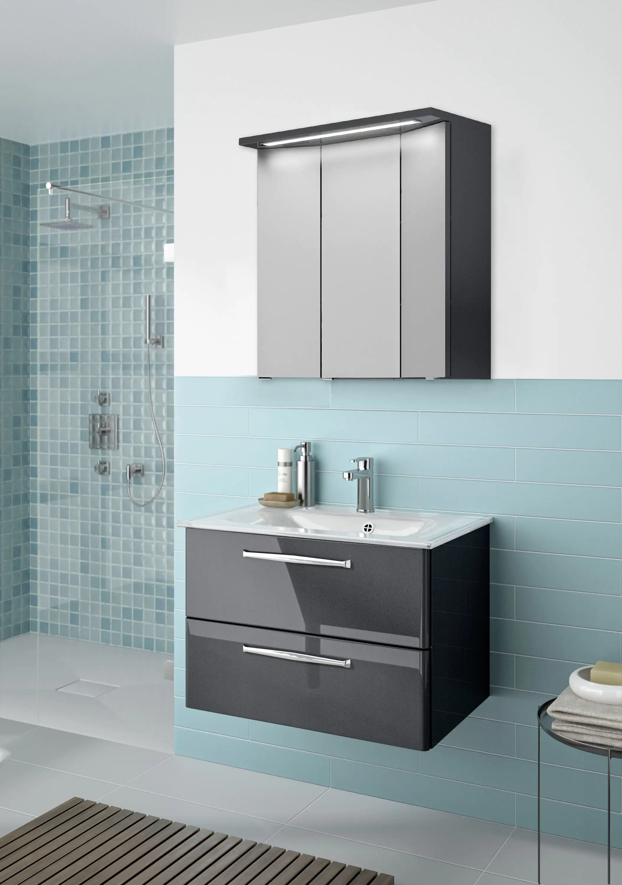 Pelipal Badmöbel-Set Trentino Anthrazit Hgl mit Glas-Waschtisch + 3D-Spiegelschrank 77 cm