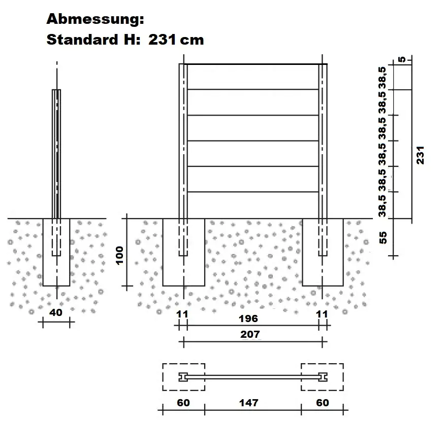 Betonzaun Grundset Standard Fels mit Anfangs- und Endpfosten 231 cm 