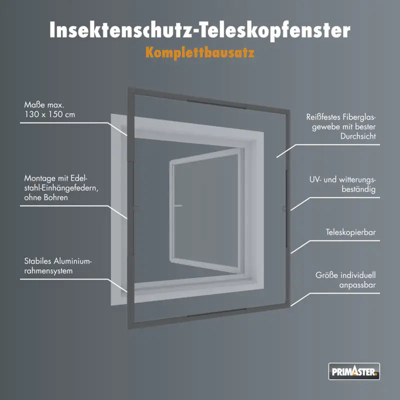 Primaster Fliegenschutz-Teleskopfenster 130 x 150 cm anthrazit/anthrazit kürzbar