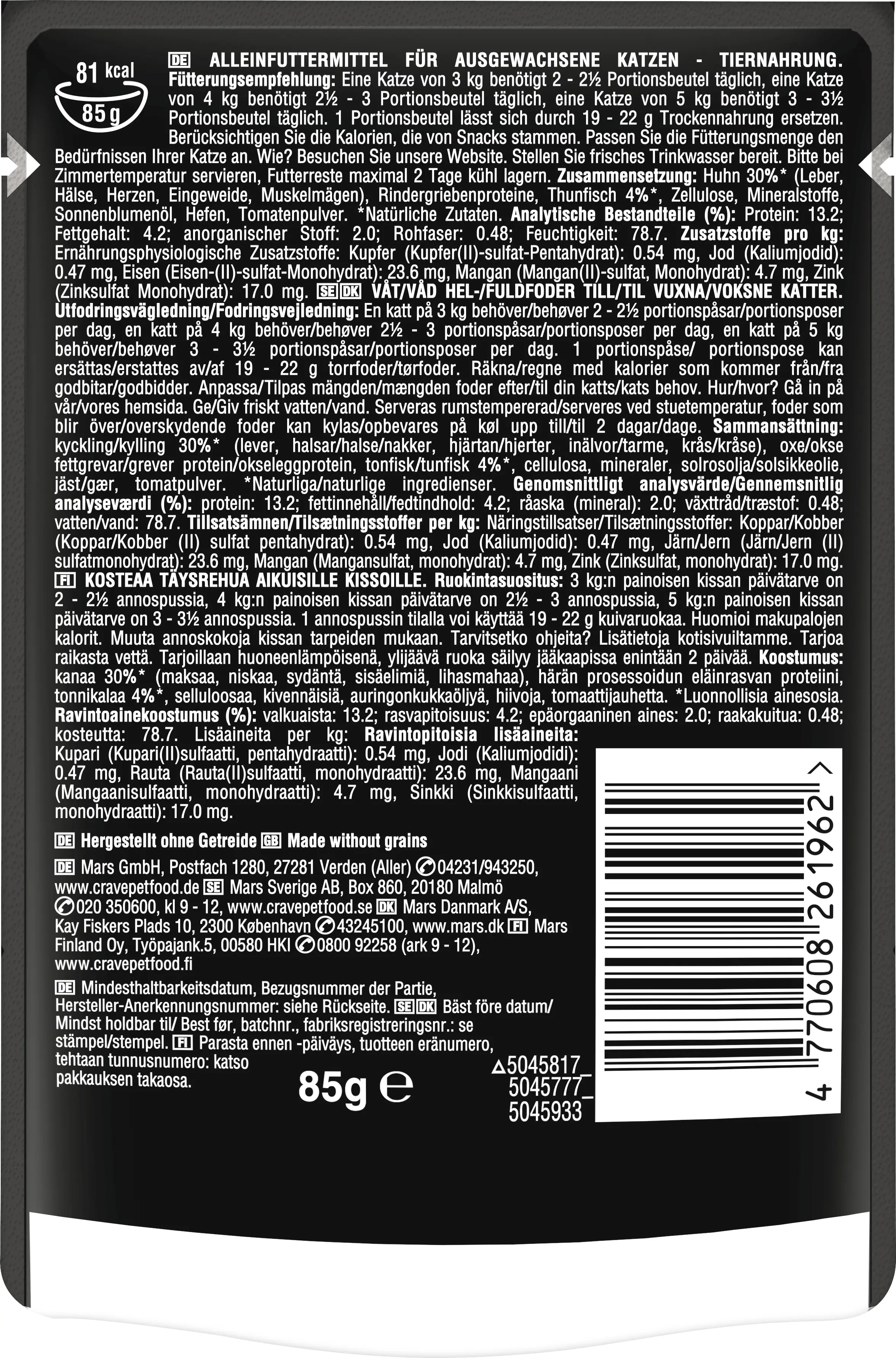 Crave Adult Sauce mit Thunfisch Katzenfutter 85 g