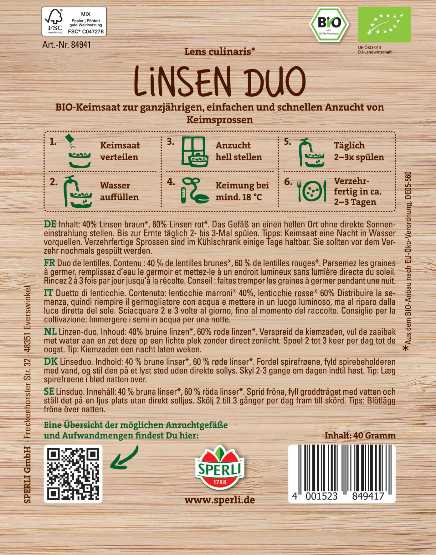 Sperli BIO Keimsprossen-Saat Linsen Duo