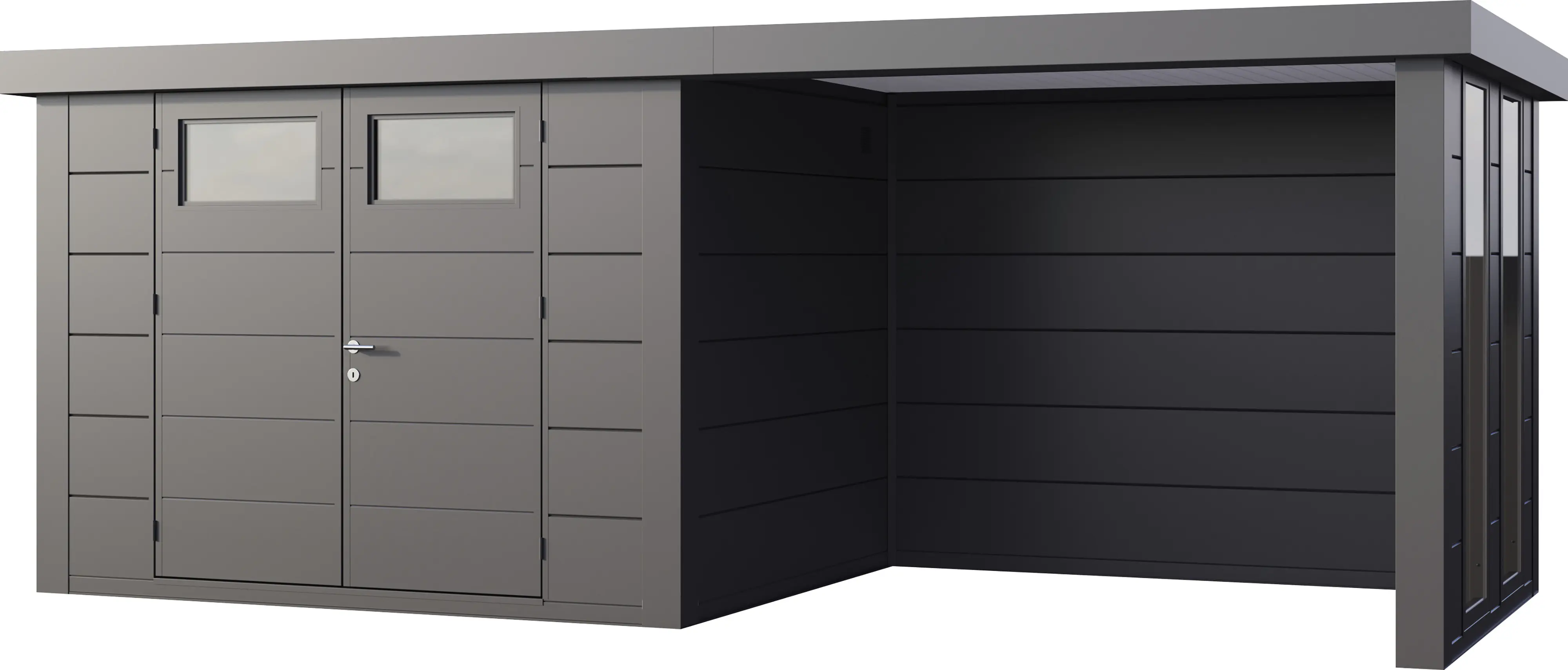 Telluria Gerätehaus Classico Lounge S mit Fenstern 3024 rechts granitgrau 582 x 238 cm