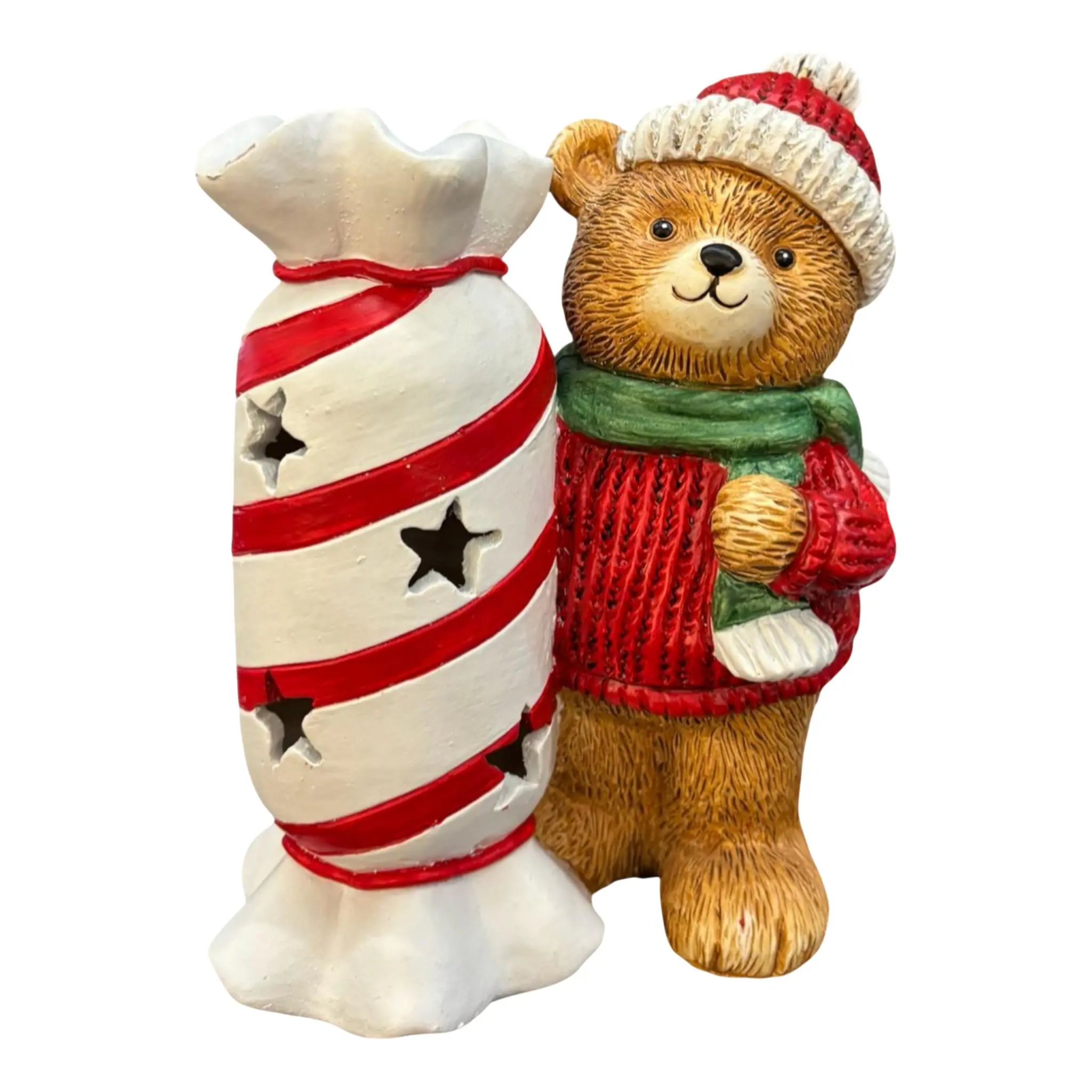 Dekofigur Weihnachtsbär mit Bonbon 19 x 15 cm braun/rot

