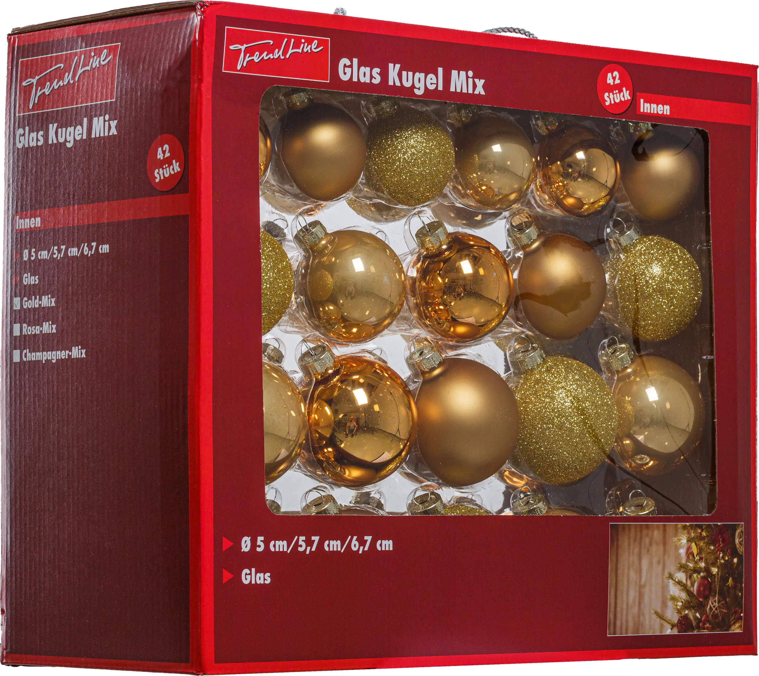 4333692642637_02 TrendLine Glaskugeln Ø 5,7 und 6,7 cm gold Mix - 42 Stück