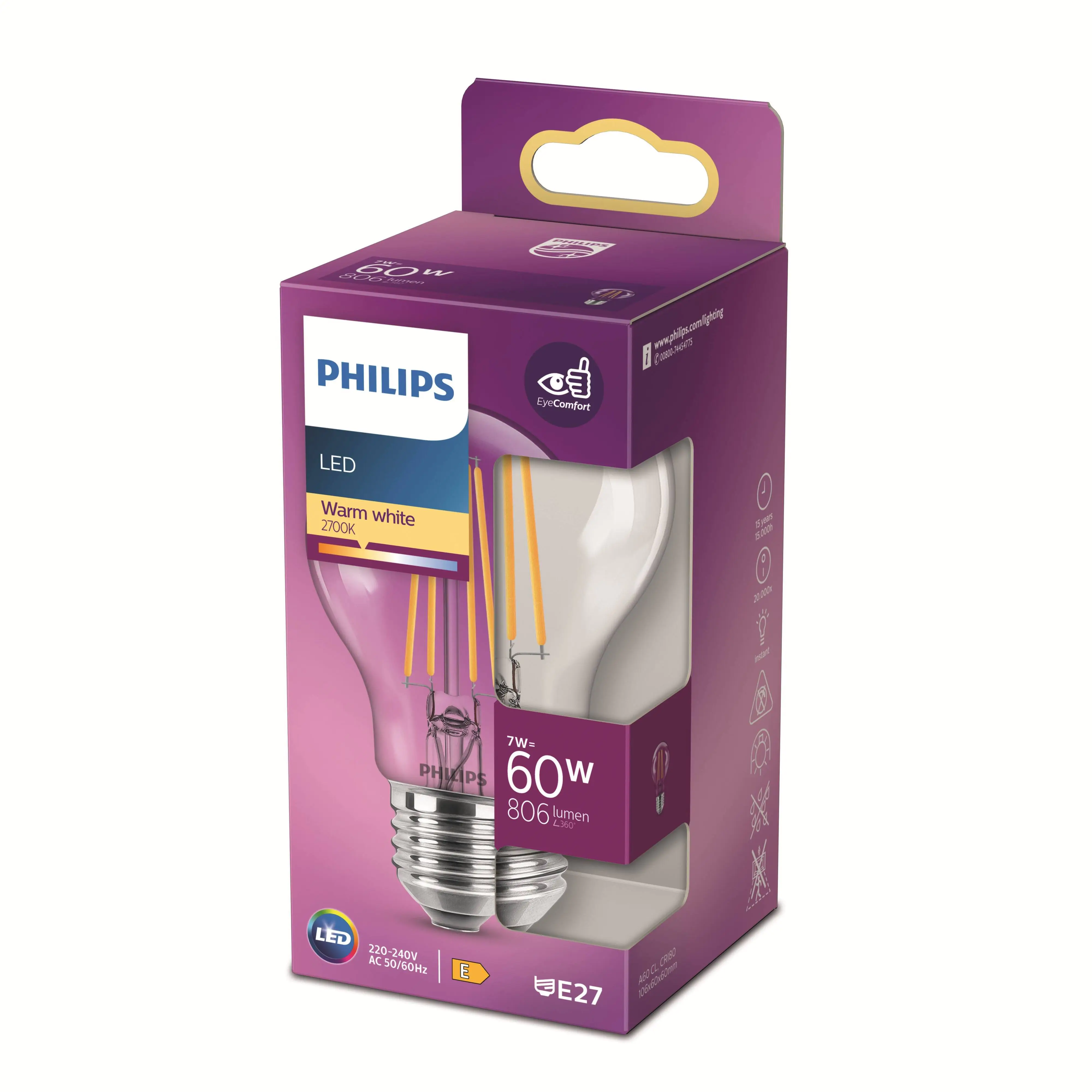Philips LED-Leuchtmittel Birnenform A60 E27 7W warmweiß