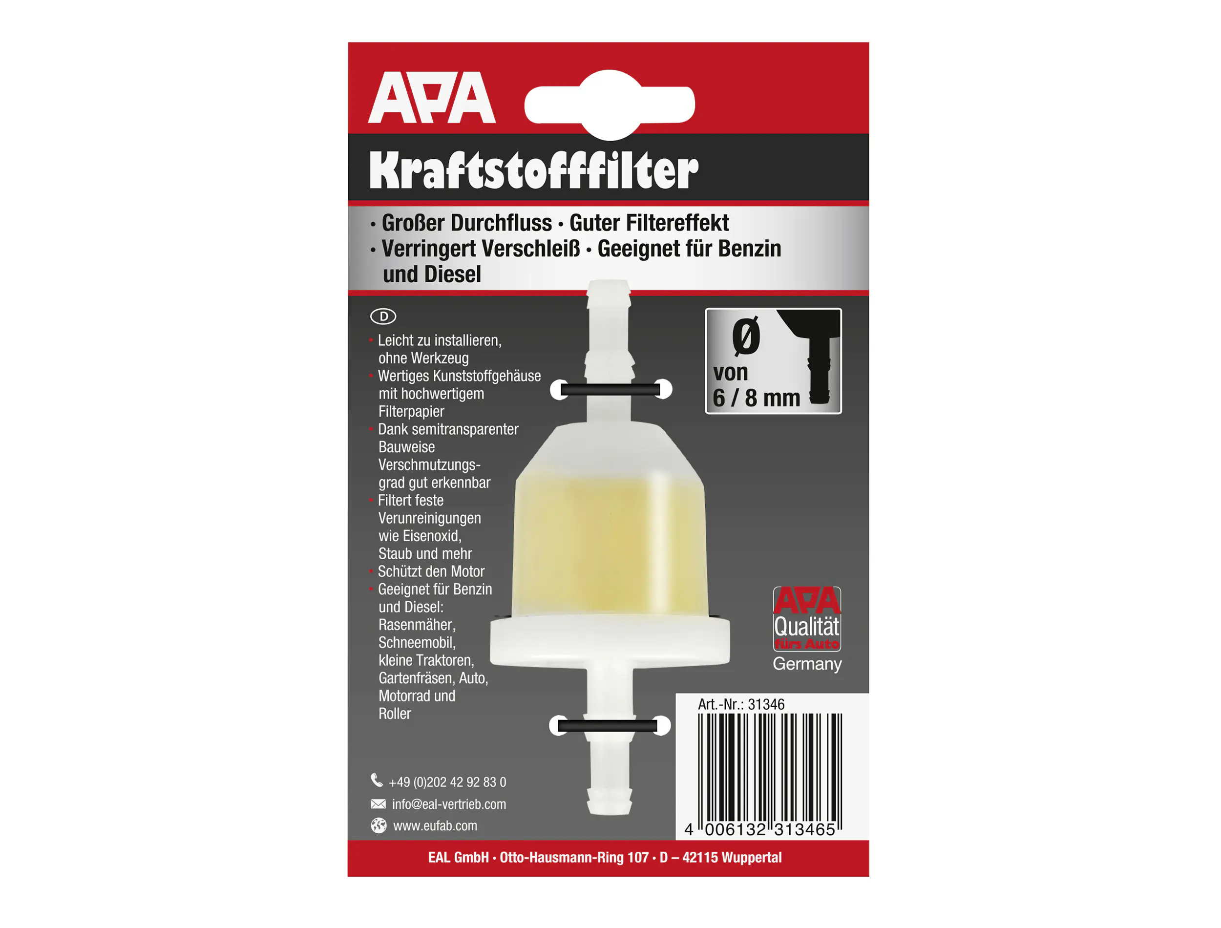 APA Kraftstofffilter Kunststoff Ø 6 mm - 8 mm weiß