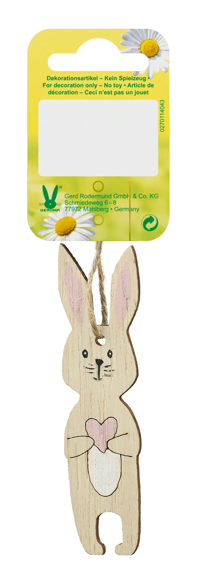 Dekohänger Hase mit Herz Holz 9,5 x 2,5 cm natur rosa