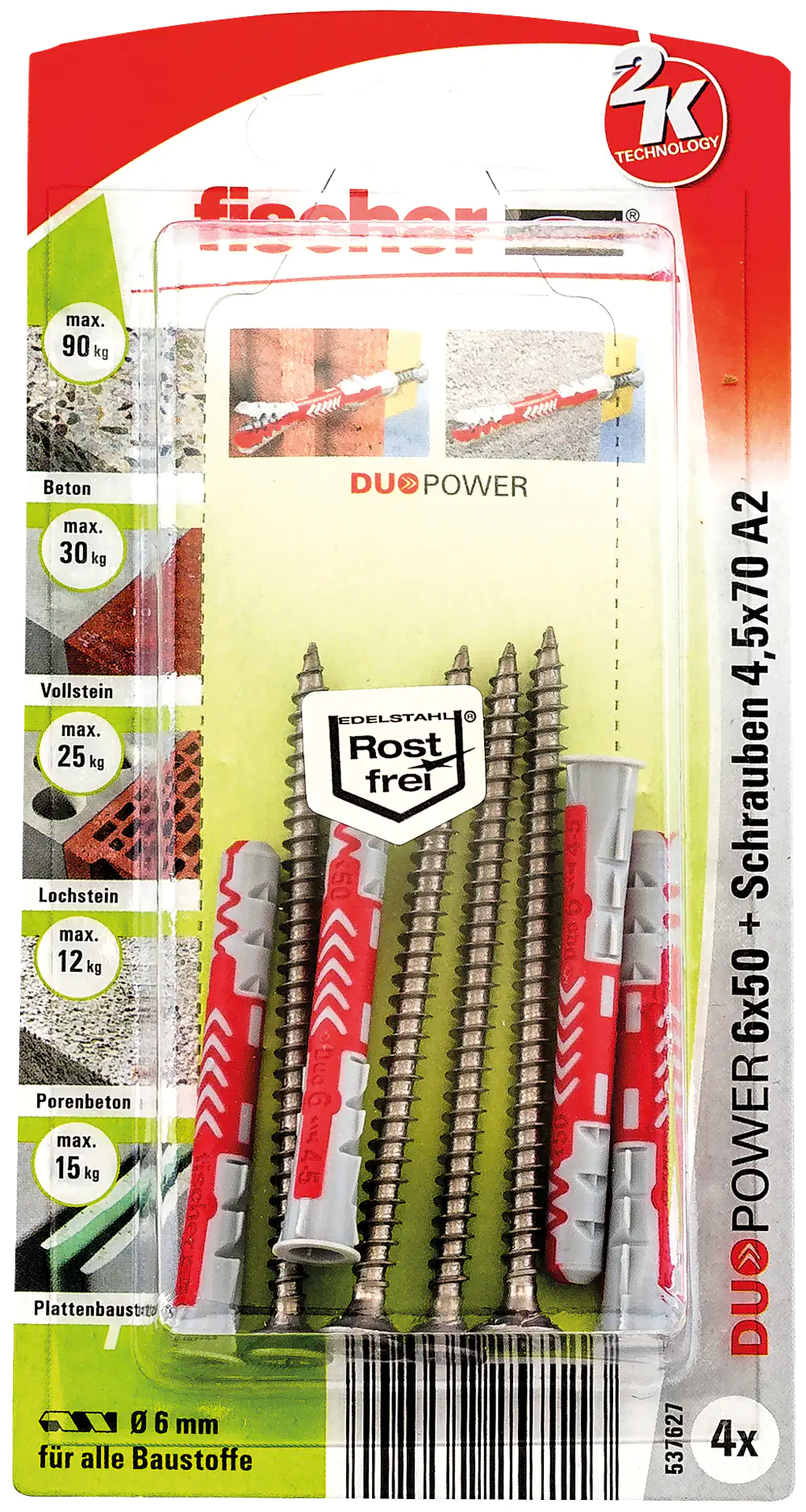 Fischer Dübel-Set Duopower 6.0 x 50 mm - 4 Stück
