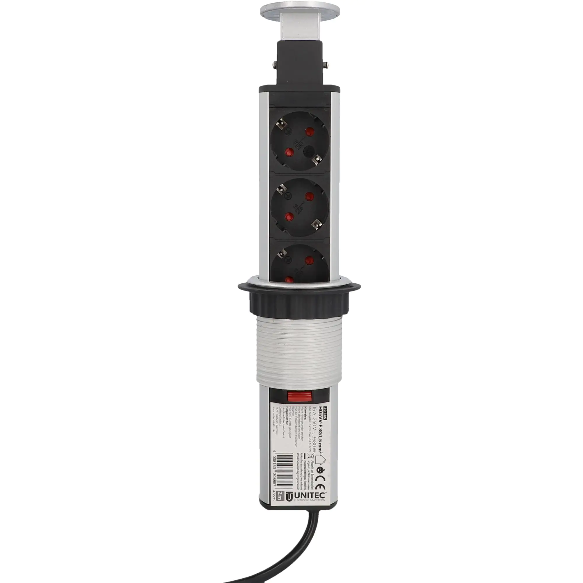 Unitec Einbausteckdosenleiste 3-fach 2m mit 2 x USB Tower, silber Unitec Einbausteckdosenleiste 3-fach 2m mit 2 x USB Tower, silber