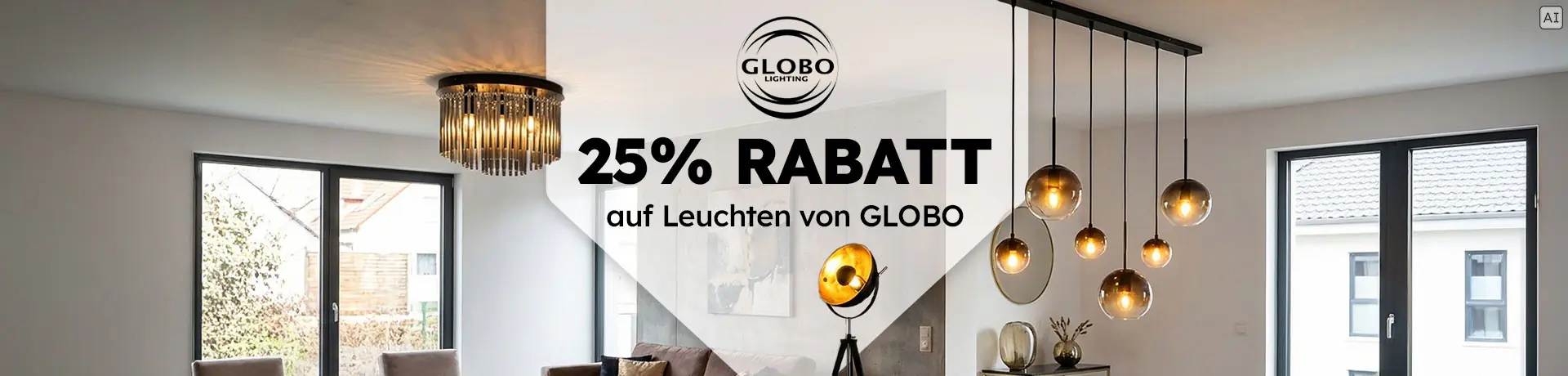 25% Rabatt auf Leuchten von GLOBO mit modernen Pendel- und Deckenleuchten im Wohnzimmer. KI-generiertes Bild.