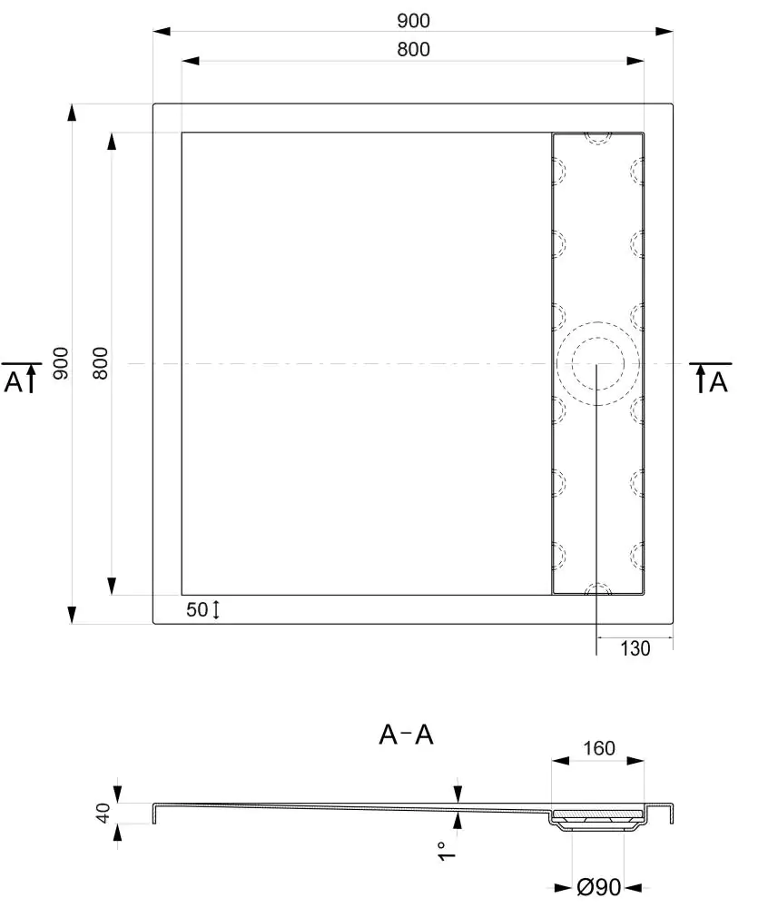 Ottofond Duschwanne mit Ablaufrinne 90 x 90 cm, weiß