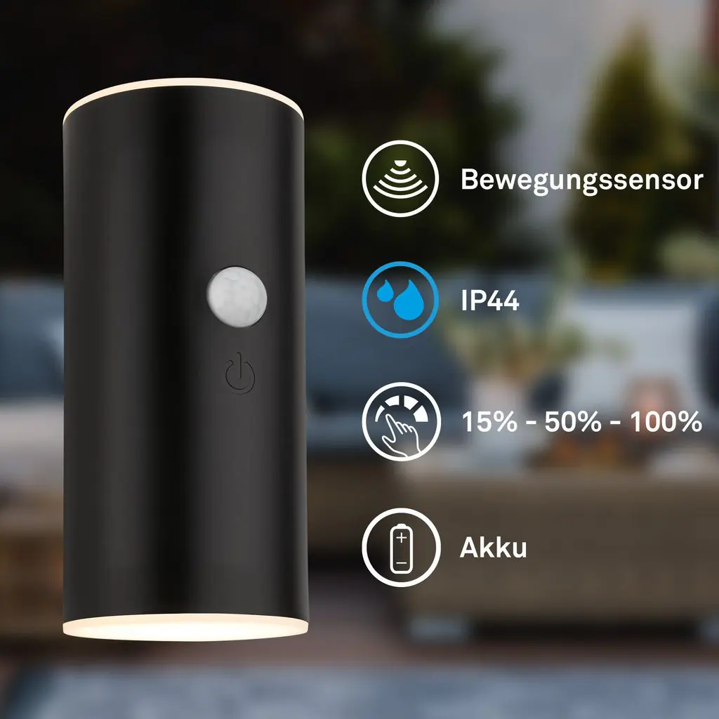Briloner LED Akku-Außenwandleuchte Suda schwarz 6,5W 700lm warmweiß Bewegungssensor