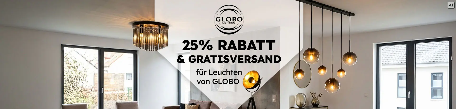 „25 % Rabatt & Gratisversand für Leuchten von GLOBO“ mit modernen Pendel- und Deckenleuchten im Wohnzimmer. KI-generiertes Bild.