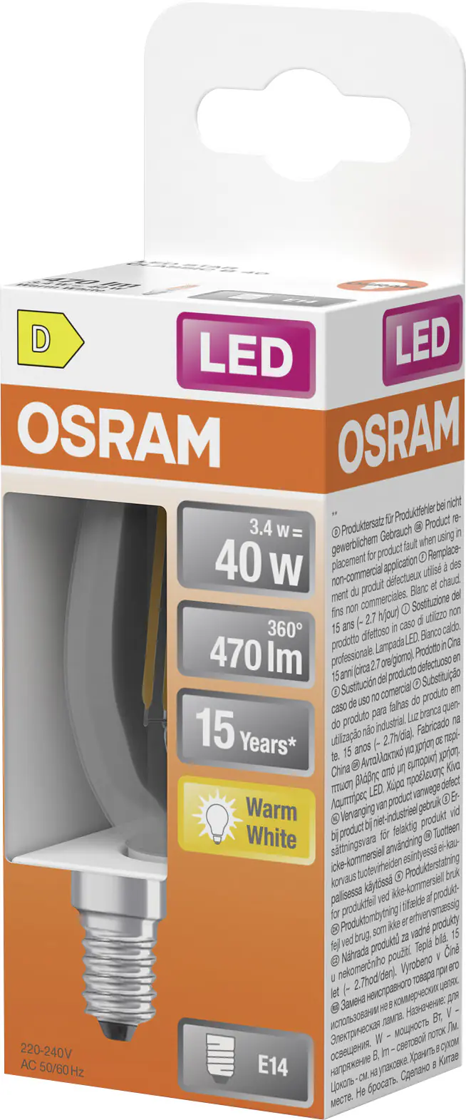 Osram LED Leuchtmittel Star Classic B 40 Filament 3,4W 827 klar E14