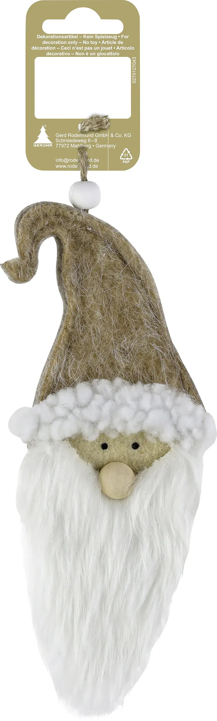 Dekofigur Weihnachtsmann-Wichtel aus Filz 18 x 7 x 2 cm beige/weiß