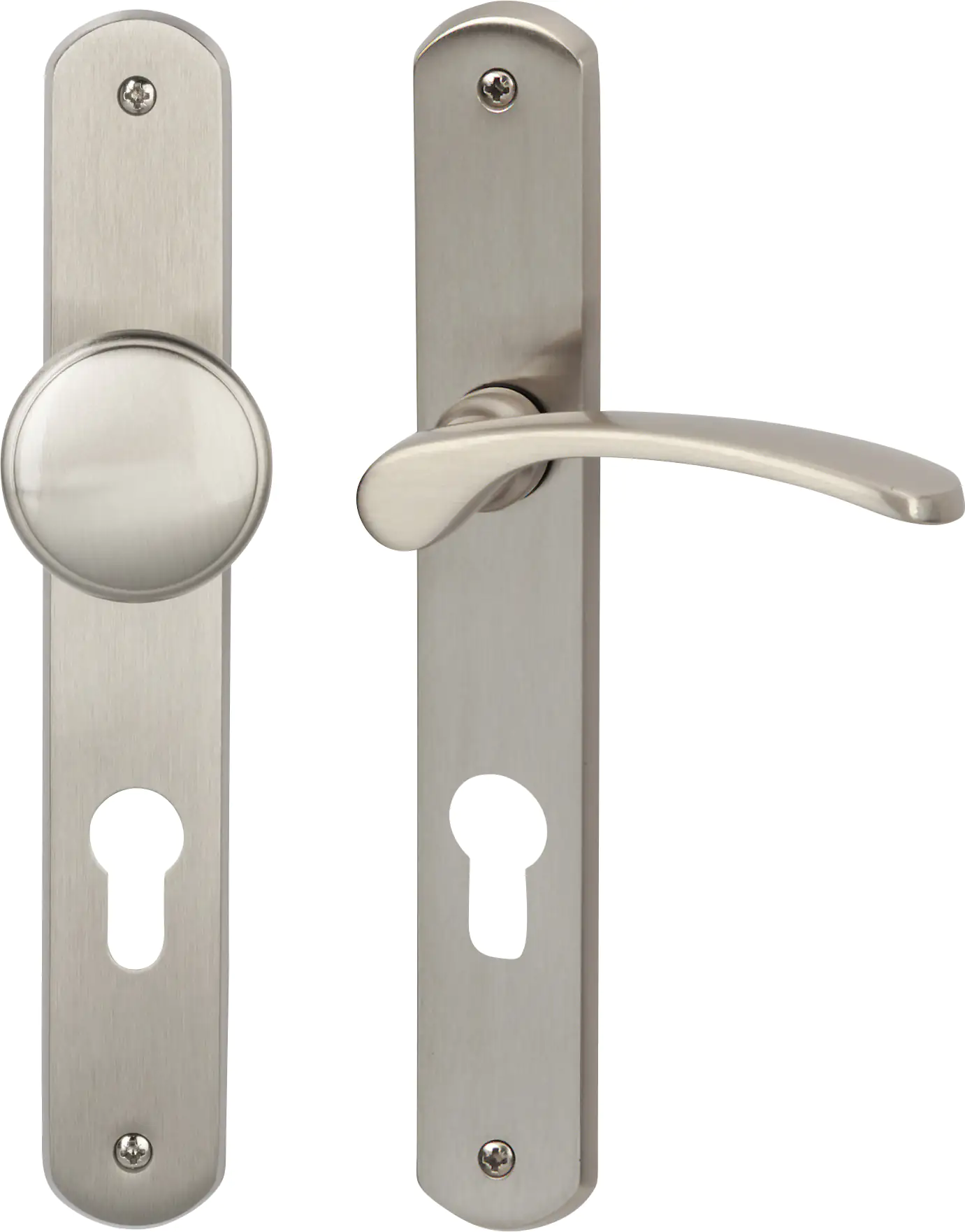 Alpertec PZ-Langschildgarnitur Amos rechts Messing silber abgerundet Alpertec PZ-Langschildgarnitur Amos rechts Messing silber abgerundet