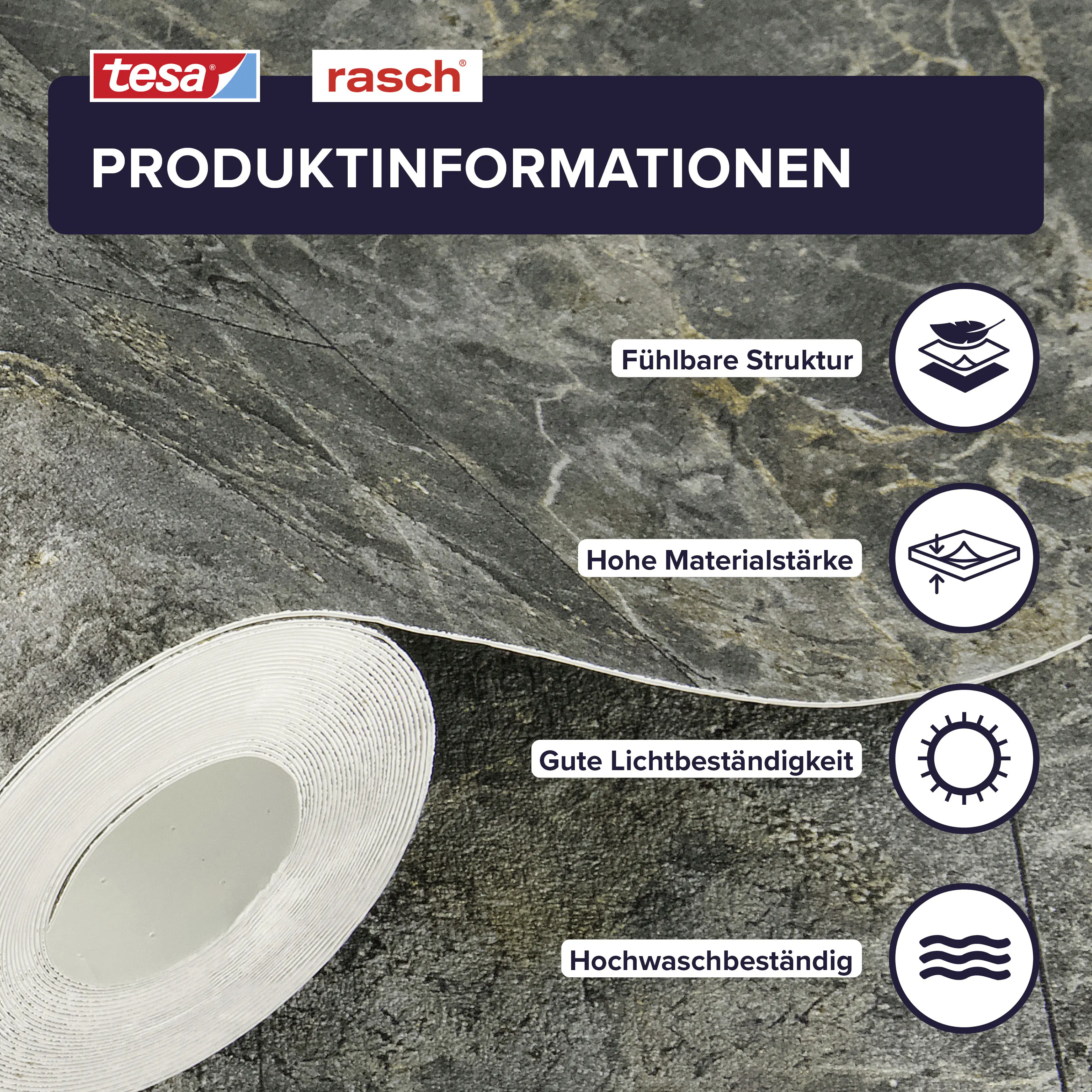 Tesa x Rasch selbstklebende Tapete Luxora Marmor Beton dunkelgrau gold 6 x 0,53 m