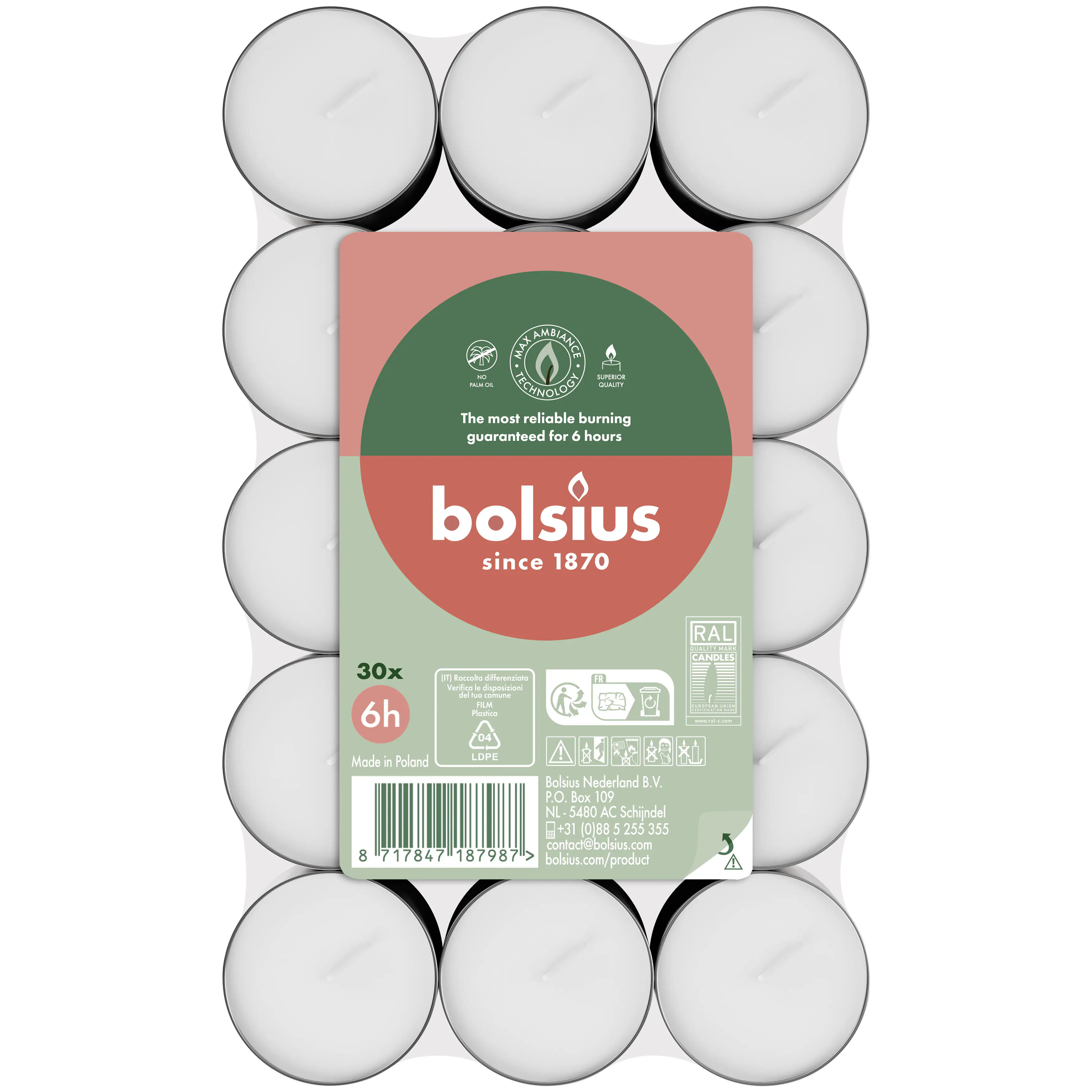 Bolsius Teelichter weiß 6h 30er Pack