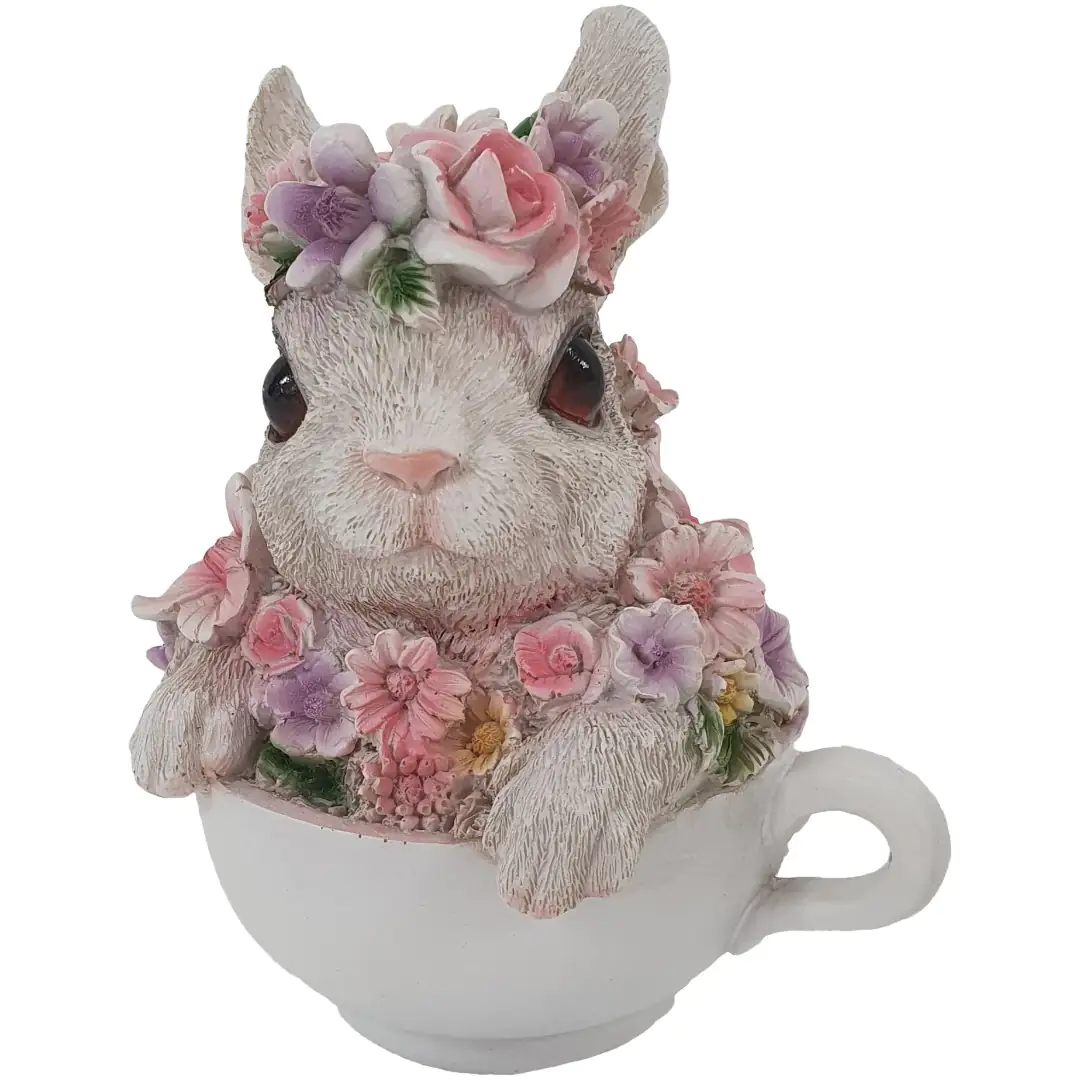 Dekofigur Hase mit Blumen in Tasse 15 x 12 x 10 cm weiß rosa