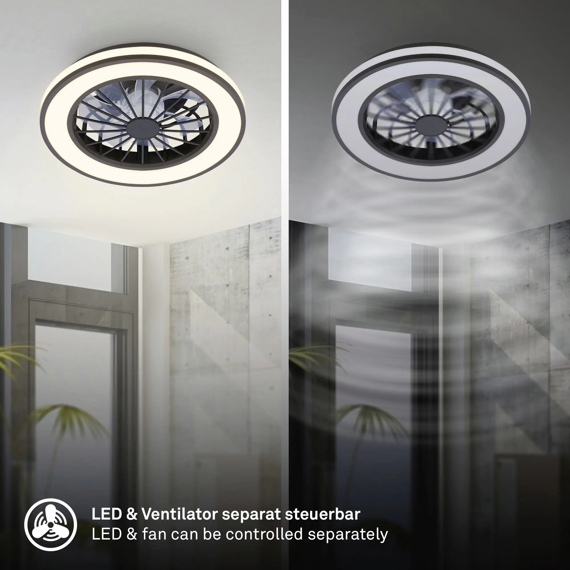 Briloner LED Deckenleuchte mit Ventilator Venturo Ø 38 cm 24 W schwarz matt dimmbar