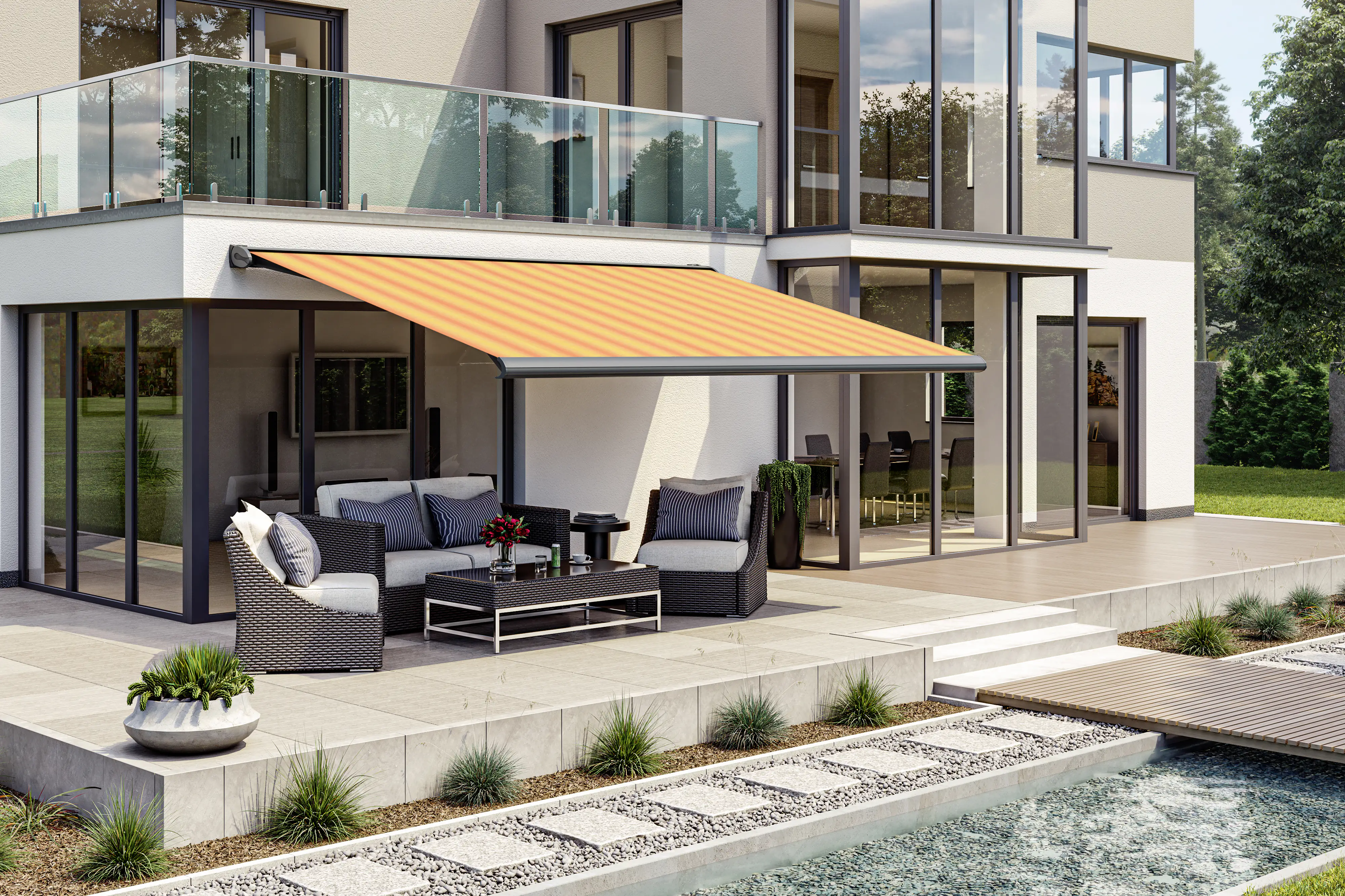 Kassettenmarkise S-Compact gelb-orange gestreift inkl. Motor, Aufputzschalter