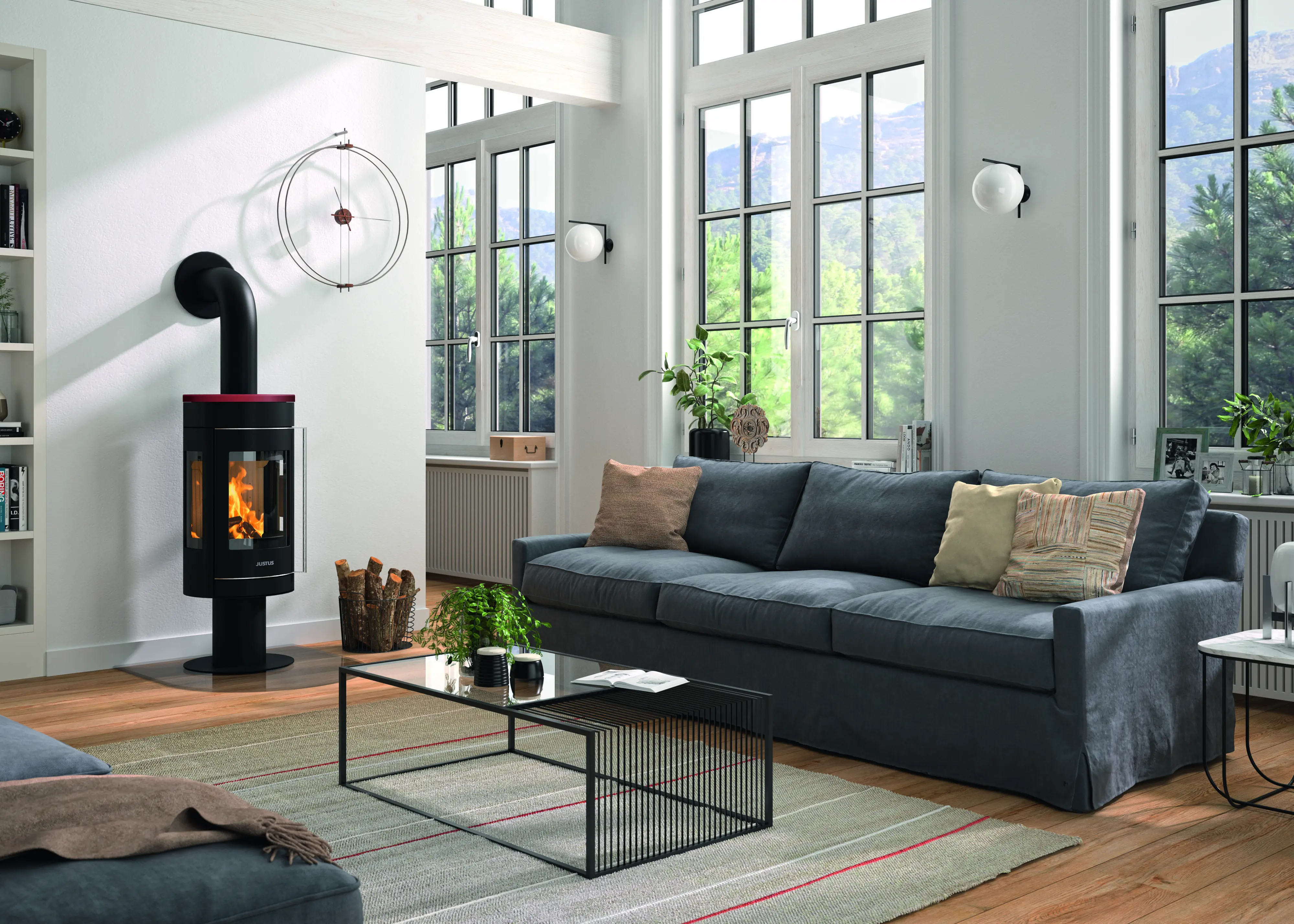 Justus Kaminofen Meva Stahl schwarz mit Abdeckplatte Keramik bordeauxrot 5,5 kW