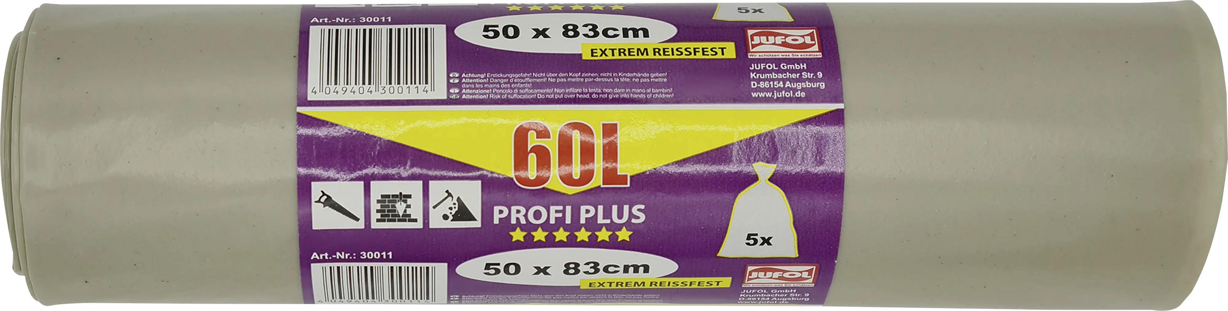 Bauschuttsäcke 60 L ca. 158 my, transluzent 500 x 830 mm, LDPE, 5 Stück/Rolle