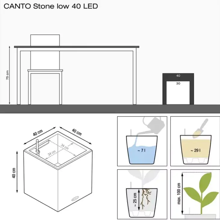 Lechuza Pflanzgefäß Canto Stone 40 LED low graphitschwarz