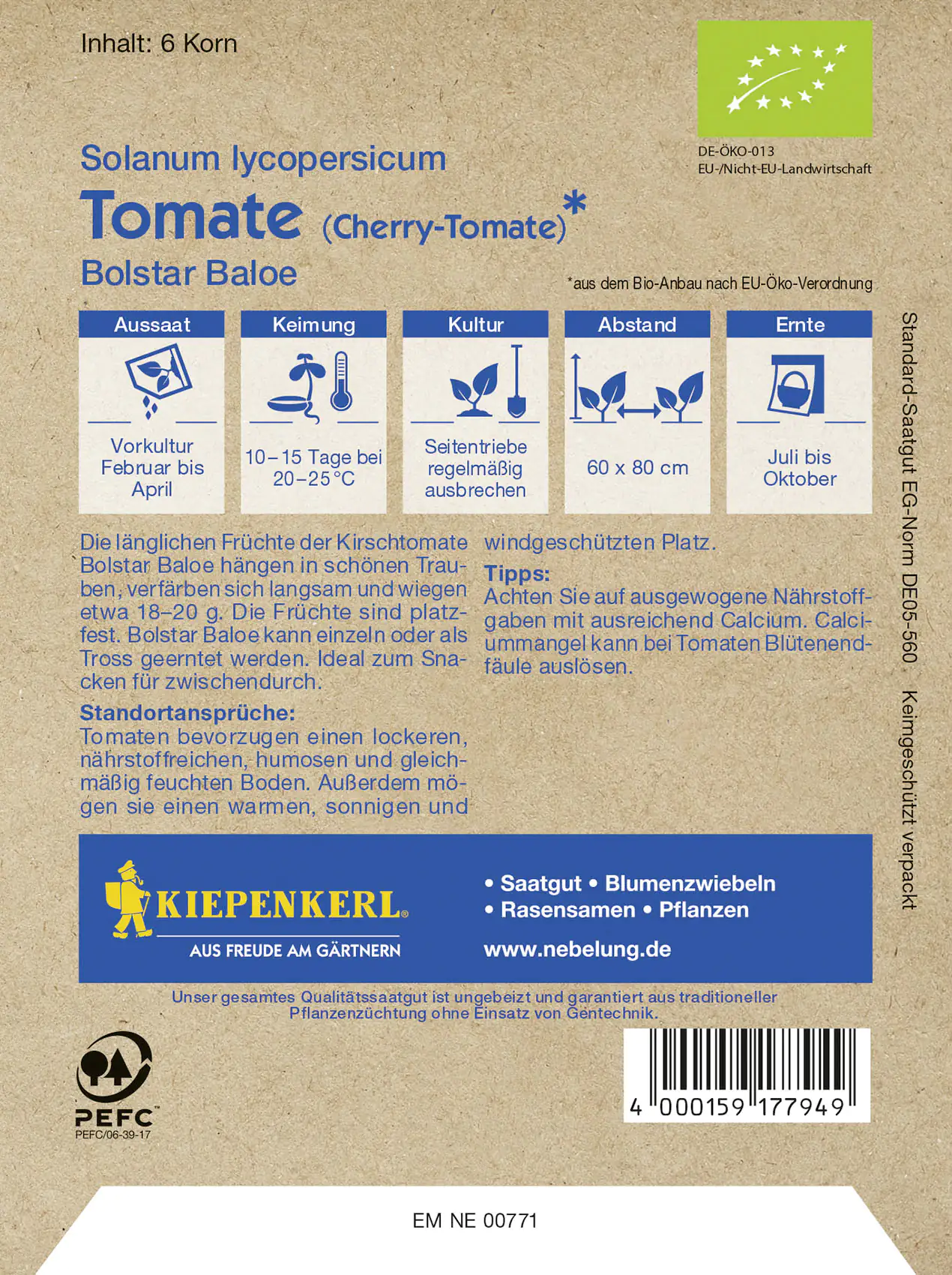 Kiepenkerl BIO Tomate Bolstar Baloe Solanum lycopersicum, Inhalt: 6 Korn