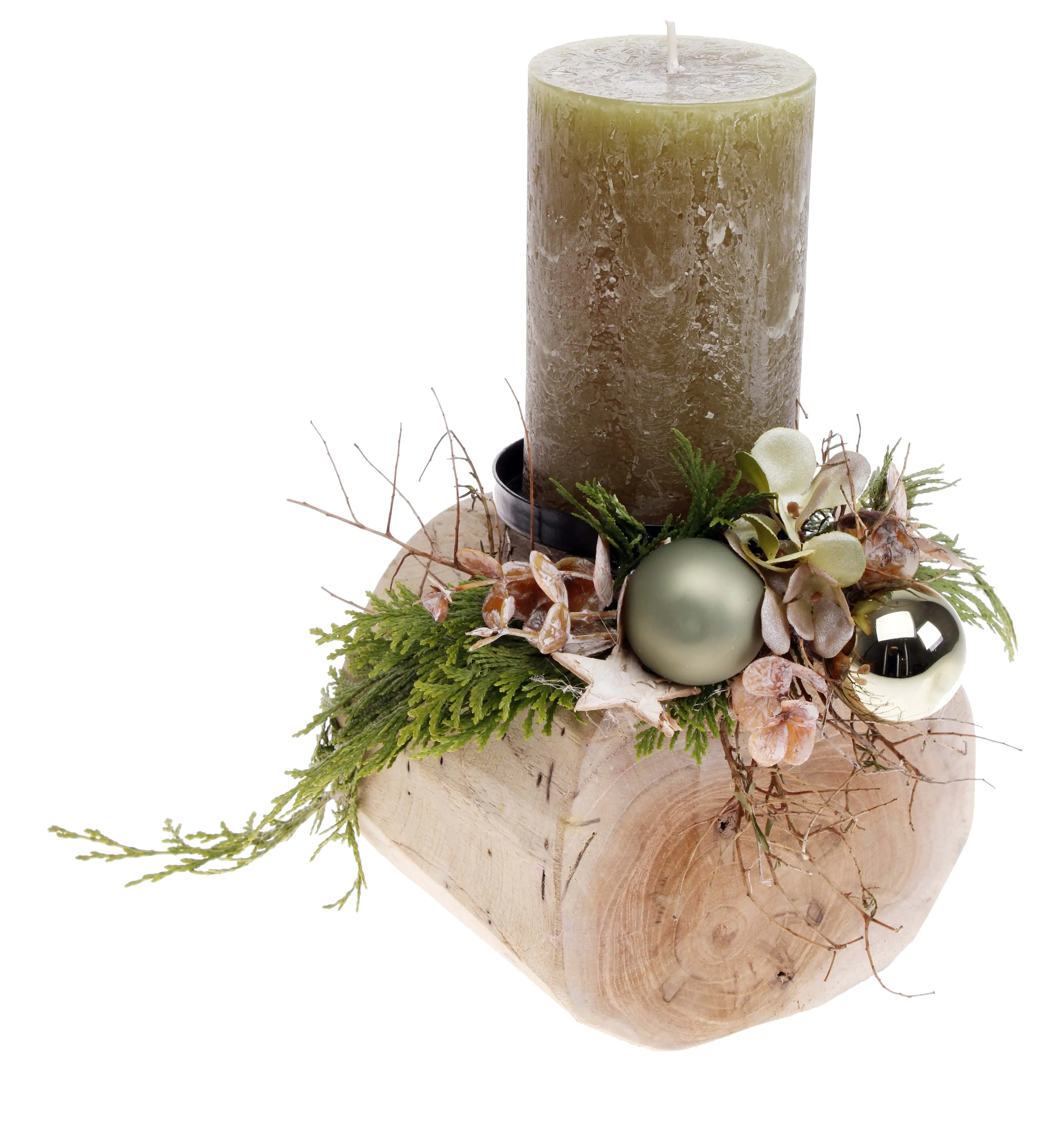 Teak-Kerzenhalter mit Rustik-Kerze 24 cm olive