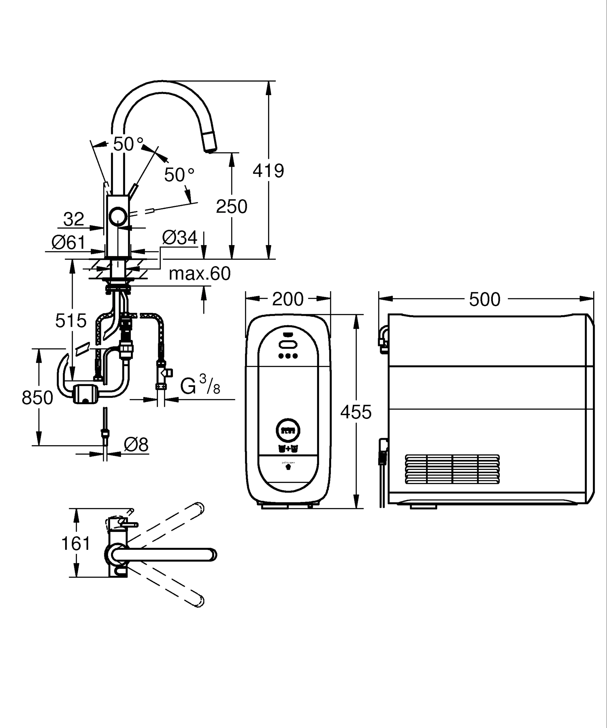 Grohe Blue Home C-Auslauf Starter Kit mit herausziehbarem Mousseurauslauf supersteel