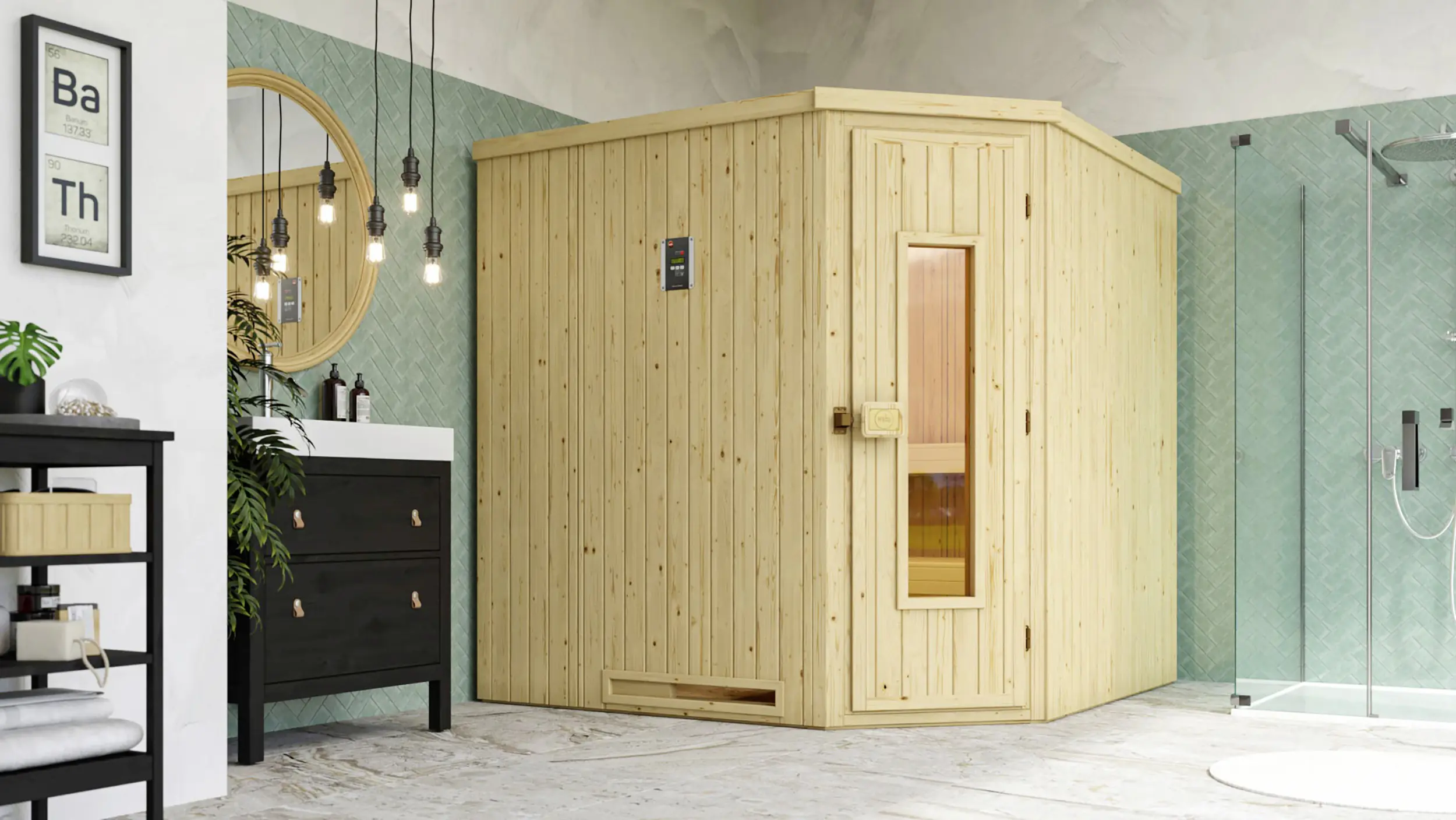 Weka Element-Ecksauna Varberg 3 HT OS mit Massivholztür