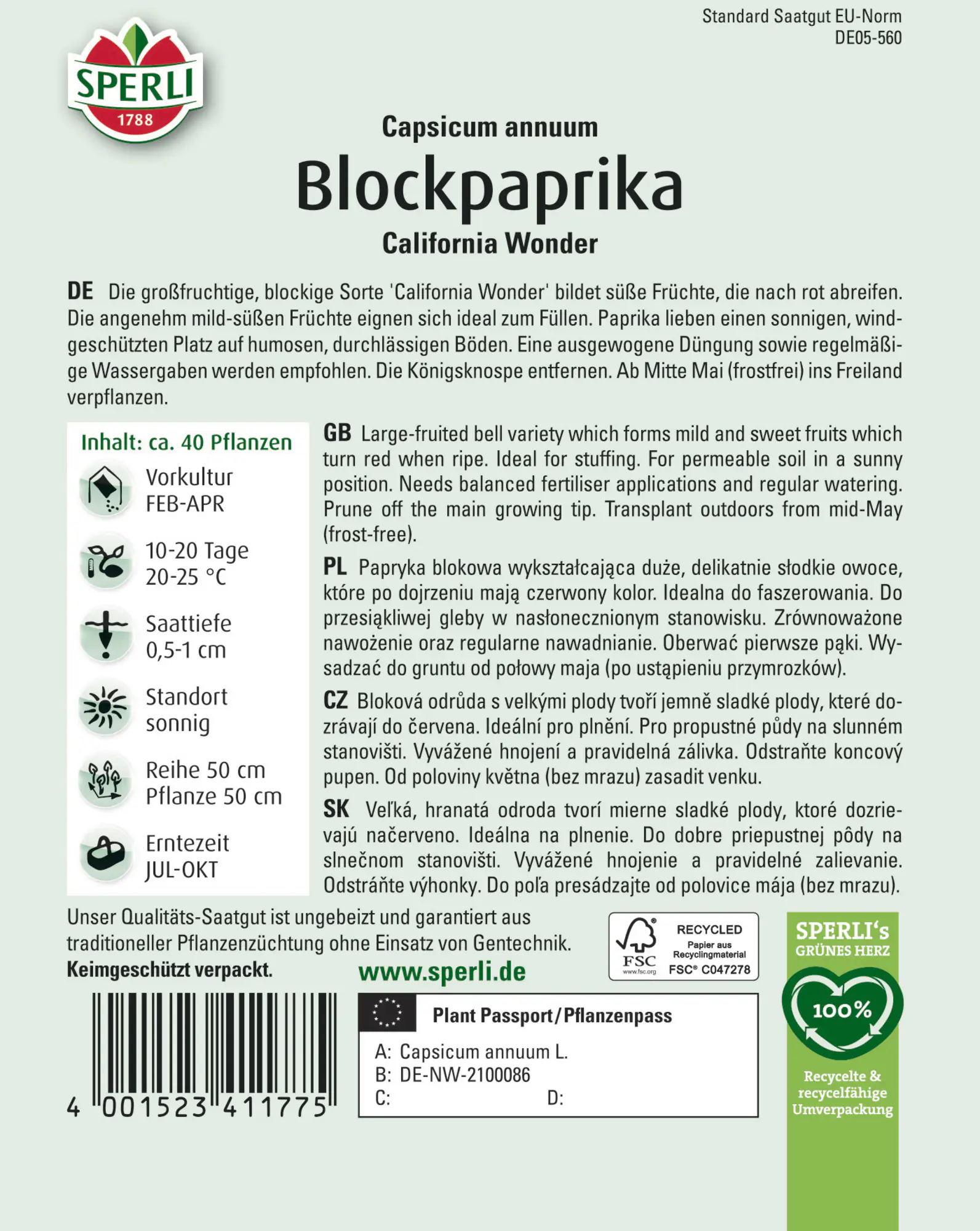 Sperli Blockpaprika California Wonder für ca. 40 Pflanzen