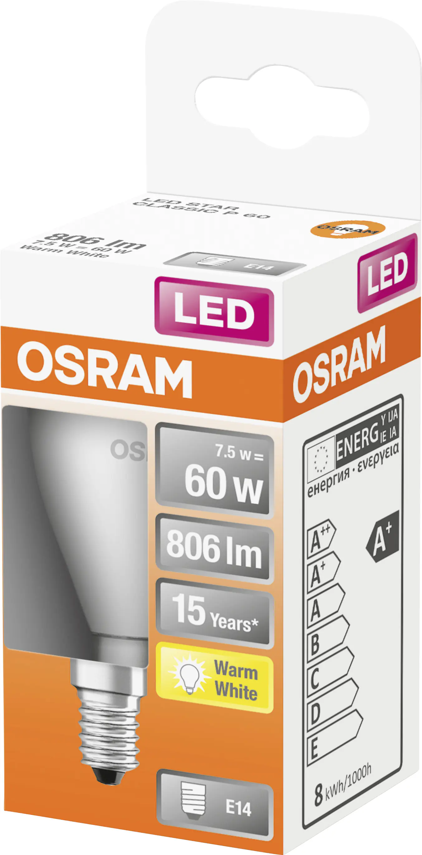 Osram LED Leuchtmittel Star Classic P60 E14 7,5W warmweiß, weiß matt
