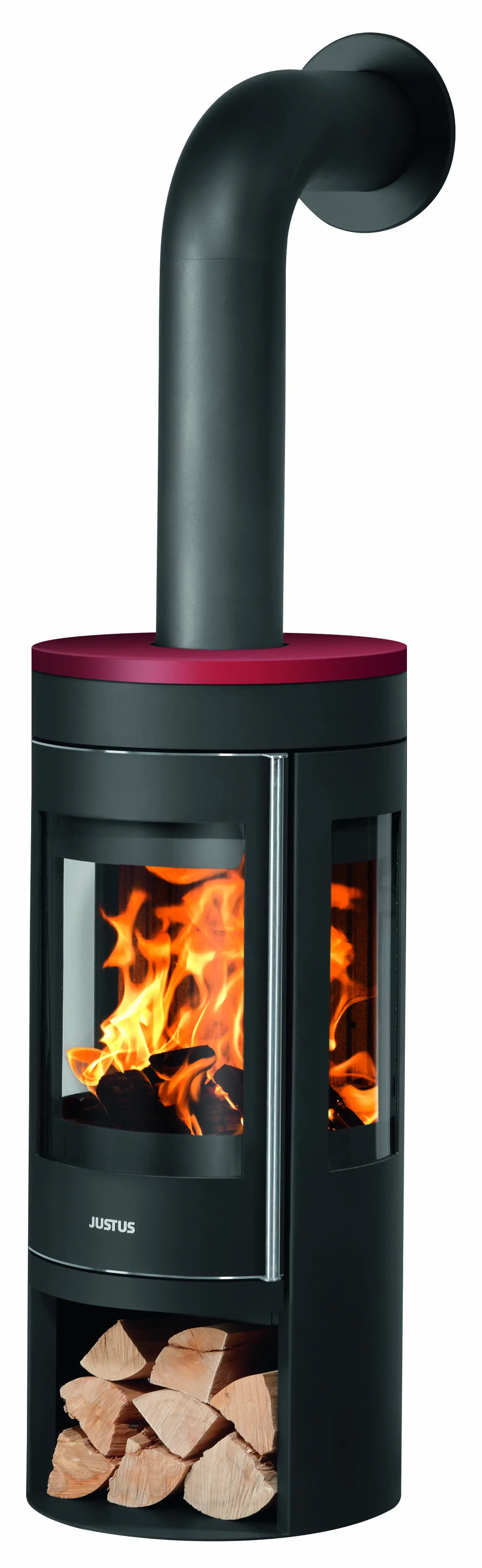 Justus Kaminofen Mino Trios 2.0 Stahl schwarz mit Abdeckplatte Keramik bordeauxrot 5,5 kW