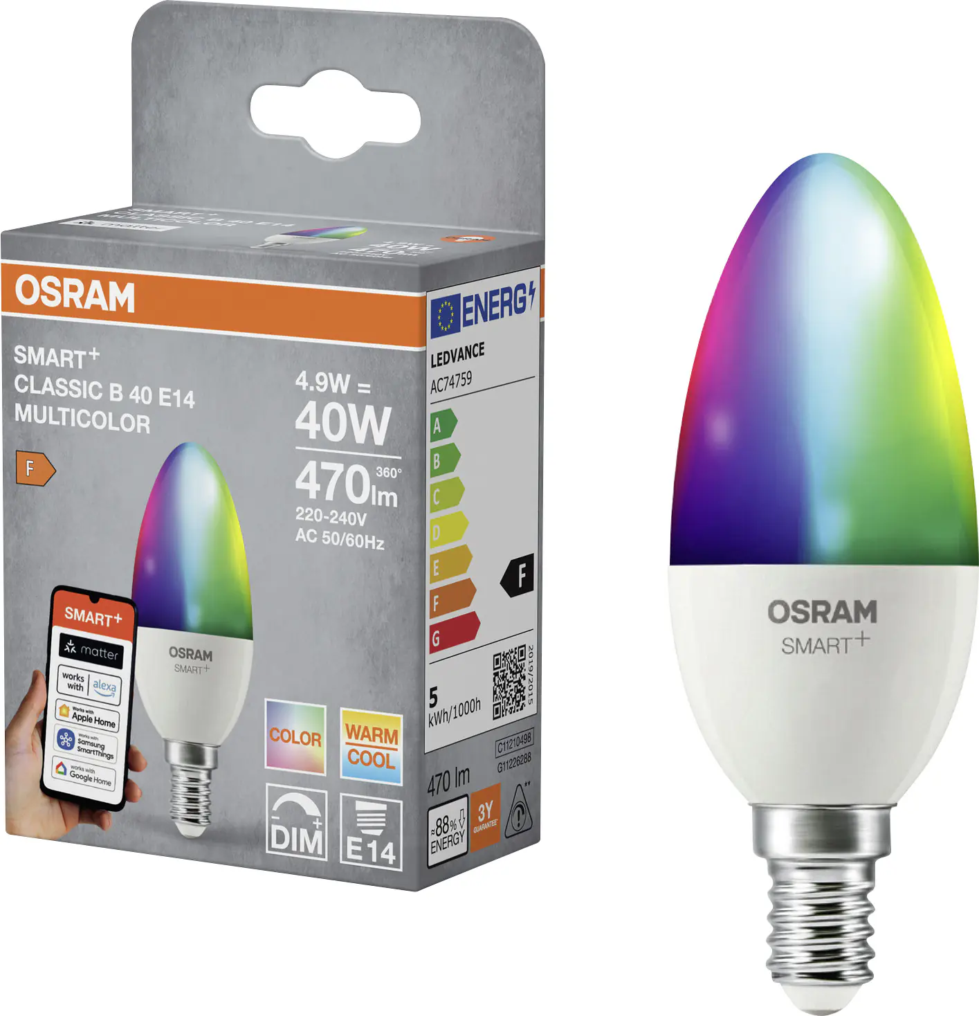 Osram SMART+ Matter Leuchtmittel E14 Classic 4,9W matt  RGBW 