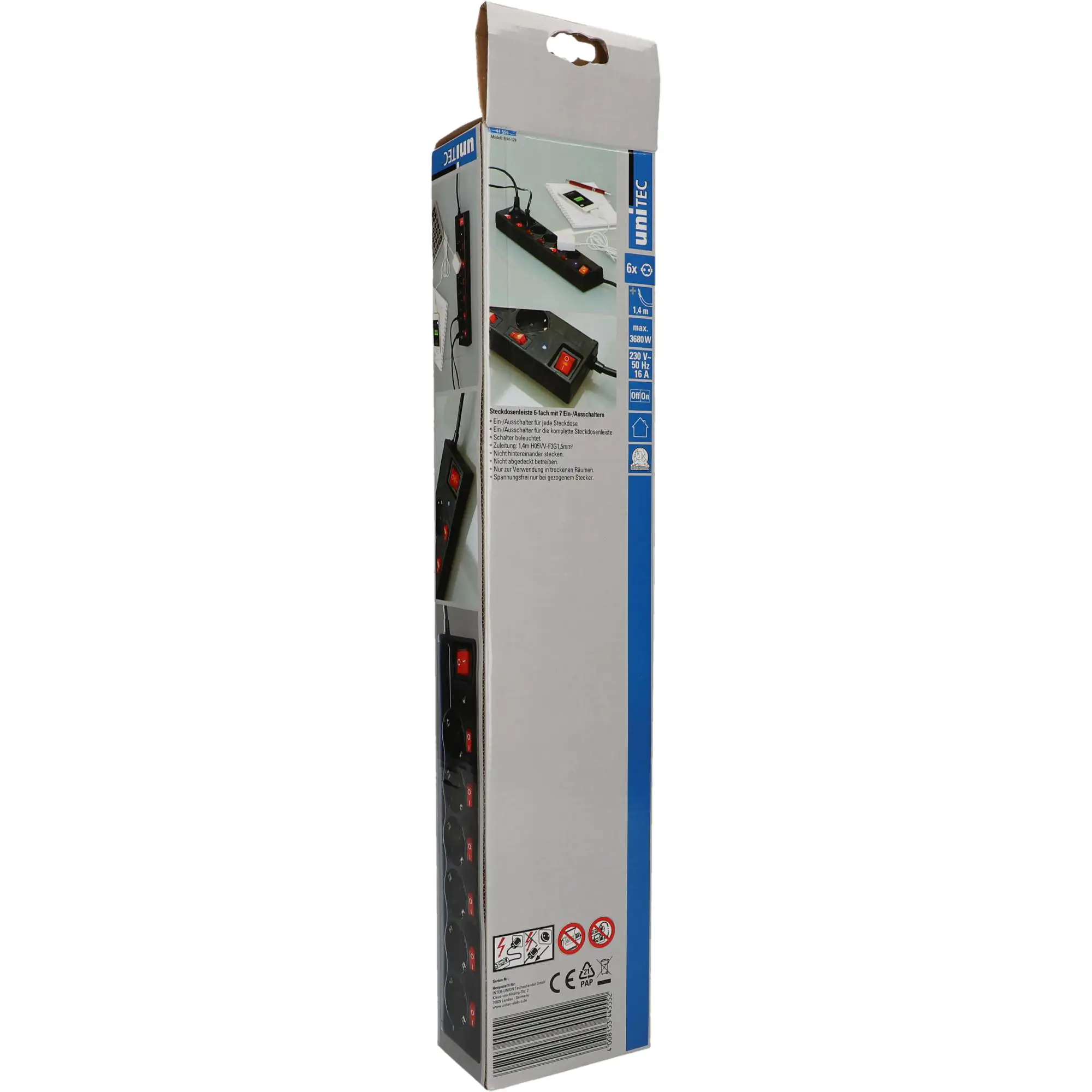Unitec Steckdosenleiste 6-fach 1,4m Überspannungsschutz, Schalter, schwarz