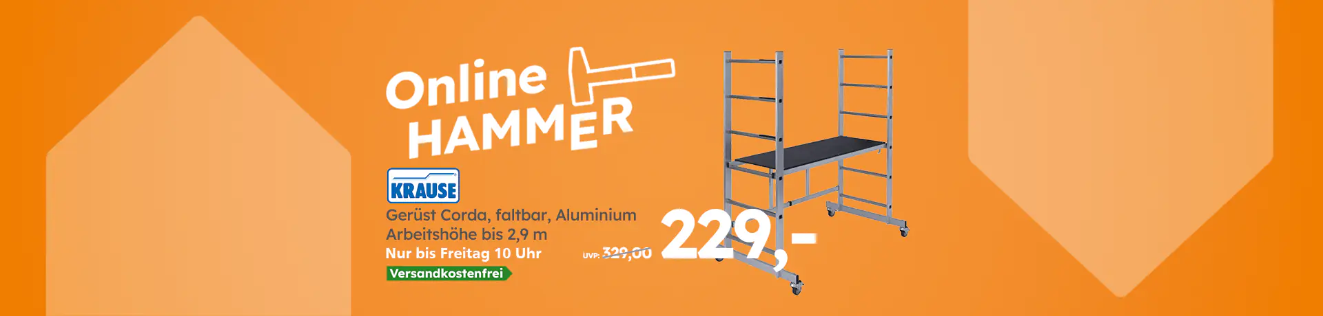Online Hammer: KRAUSE Gerüst Corda, faltbar, Aluminium, Arbeitshöhe bis 2,9 m. Nur bis Freitag 10 Uhr, versandkostenfrei: 229,- statt UVP 329,00.