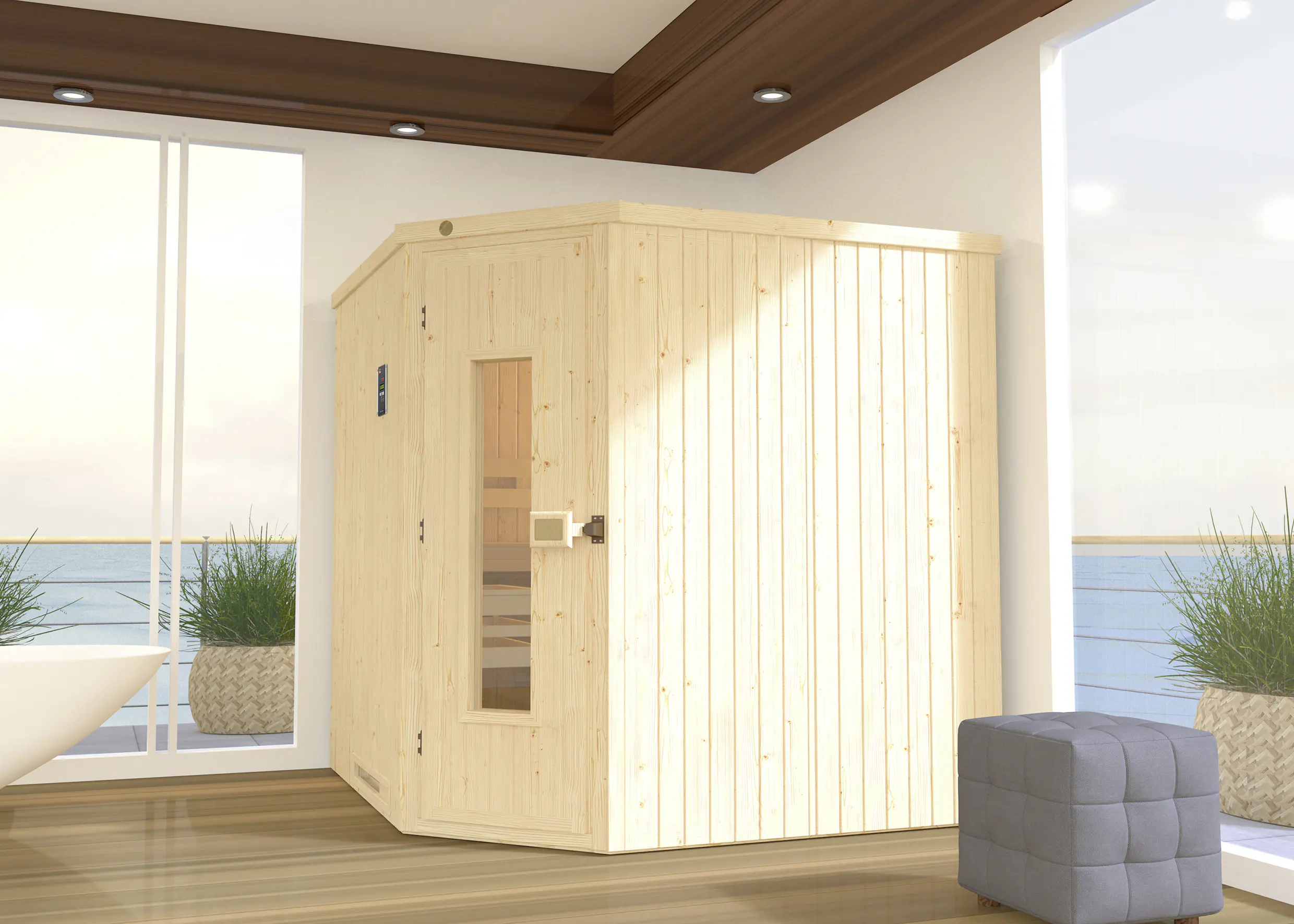 Weka Element-Ecksauna Varberg 3 HT OS mit Massivholztür