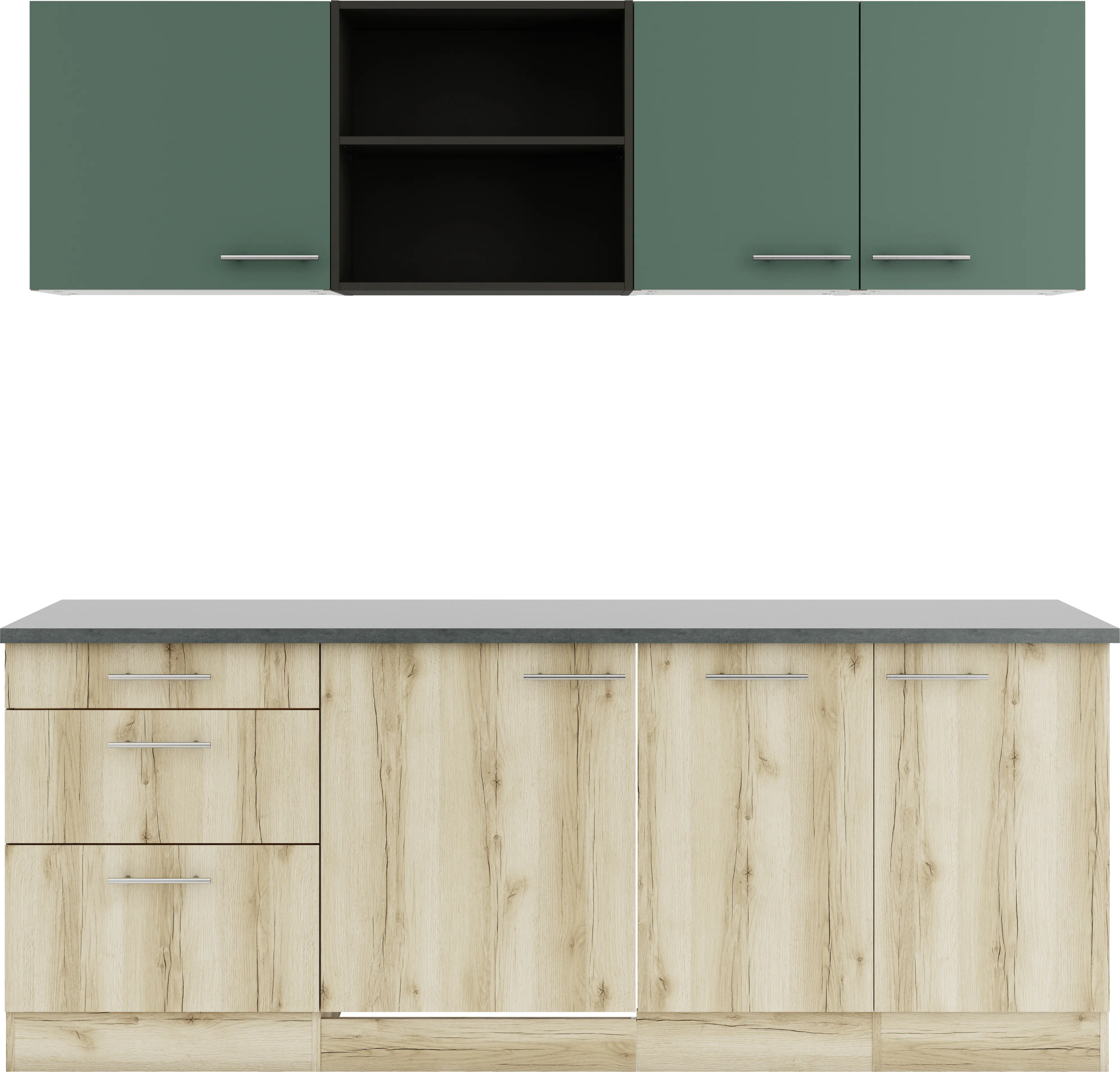 Optifit Küchenzeile Savona 405/Livorno 290 ohne Geräte steingrün/wildeiche 210 cm